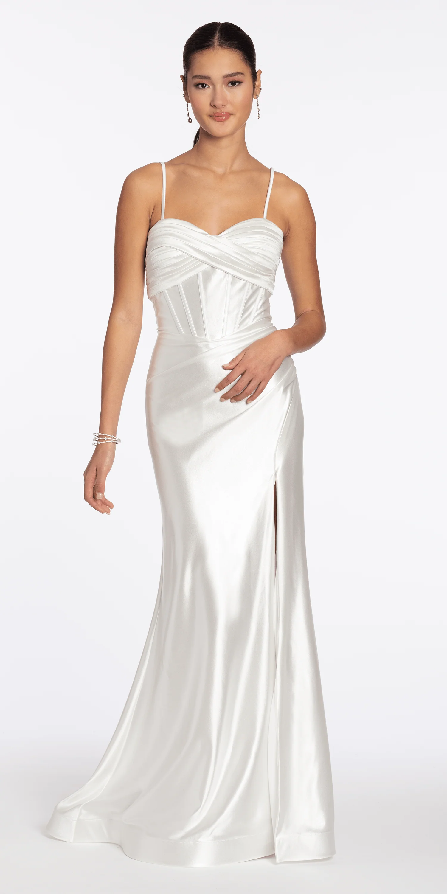 Foil Satin Twist Bodice Corset Column Dress with Side Slit - Image 4