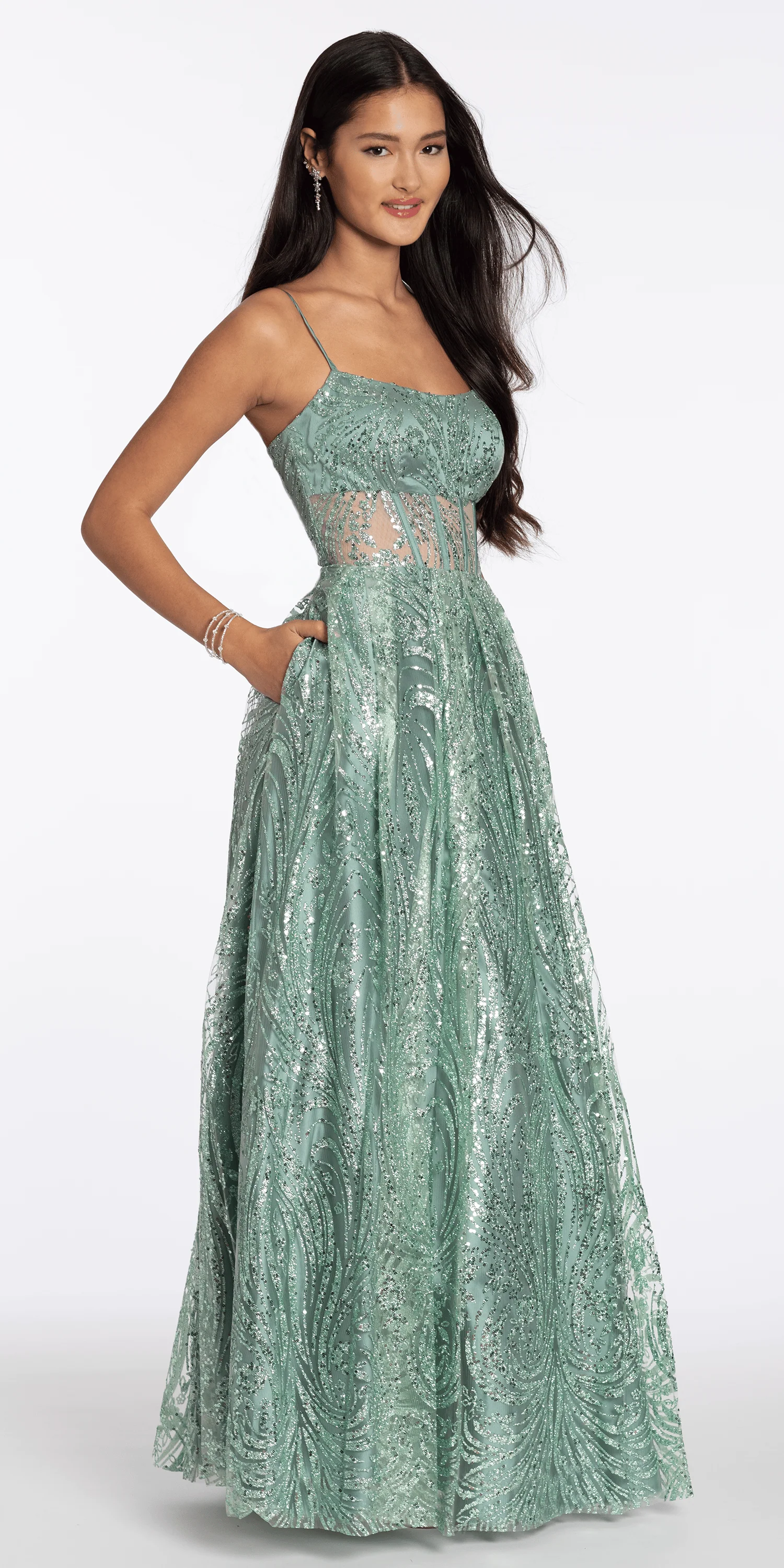 Scoop Neck Glitter Illusion Corset A Line Dress with Pockets - Image 3