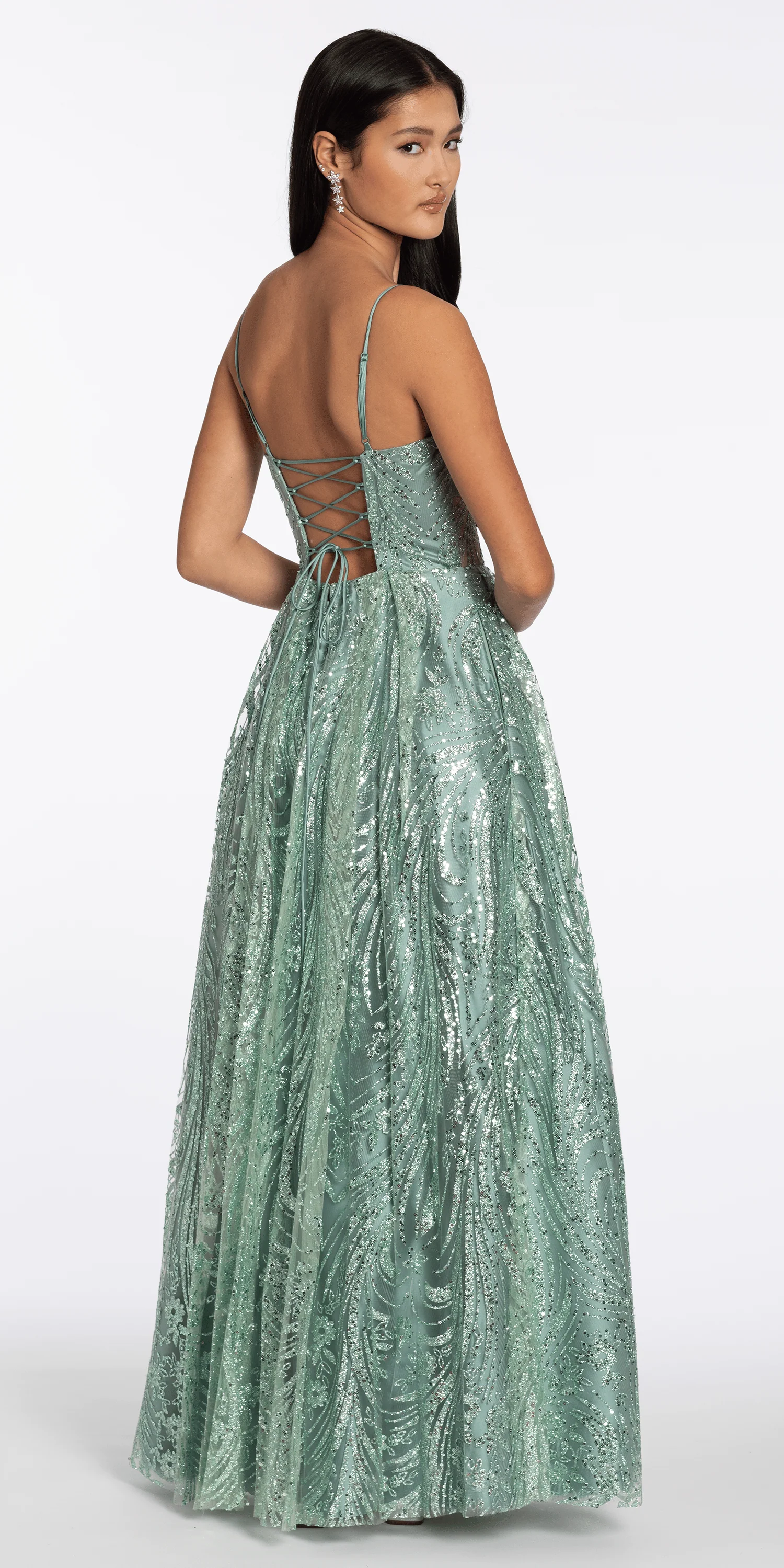 Scoop Neck Glitter Illusion Corset A Line Dress with Pockets - Image 5