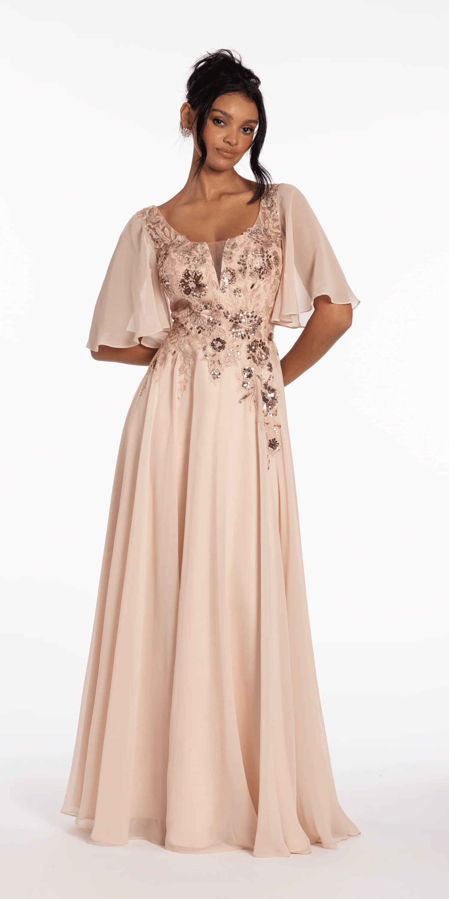 Scoop Neck Chiffon Flutter Sleeve Embroidered A-line Dress - Image 3