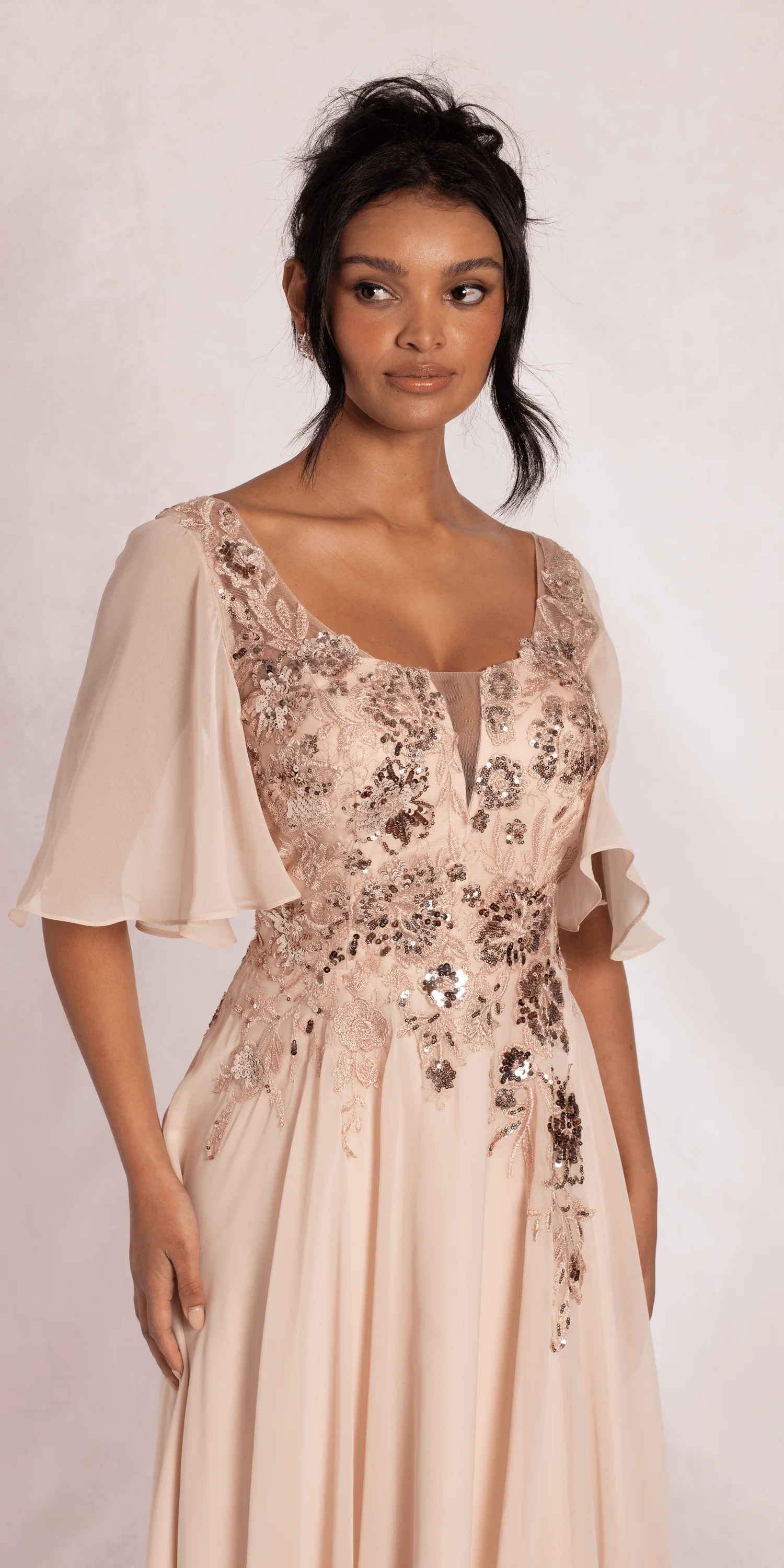 Scoop Neck Chiffon Flutter Sleeve Embroidered A-line Dress - Image 4