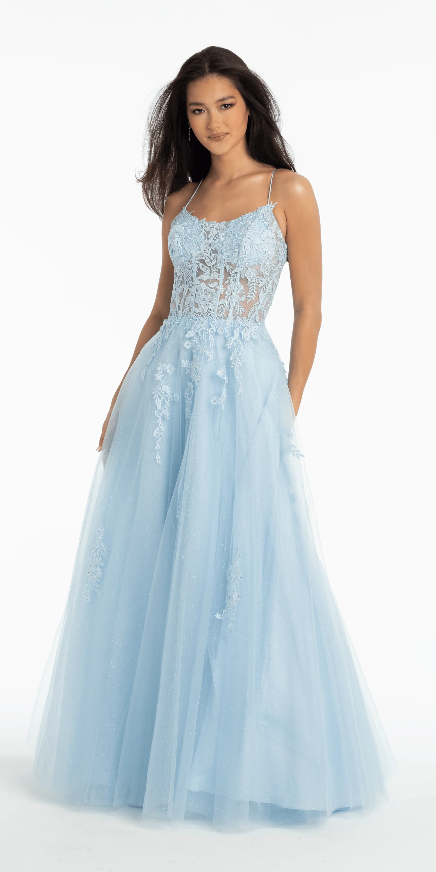 Scoop Neck Embroidered Glitter Tulle Corset Ballgown