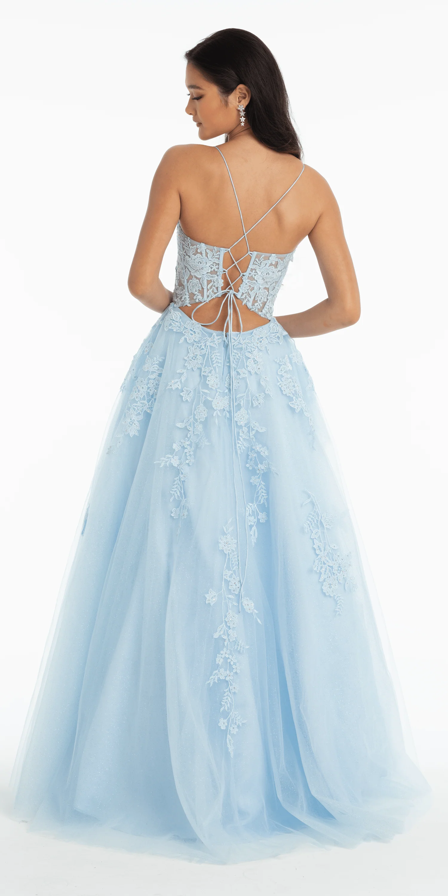 Scoop Neck Embroidered Glitter Tulle Corset Ballgown - Image 4