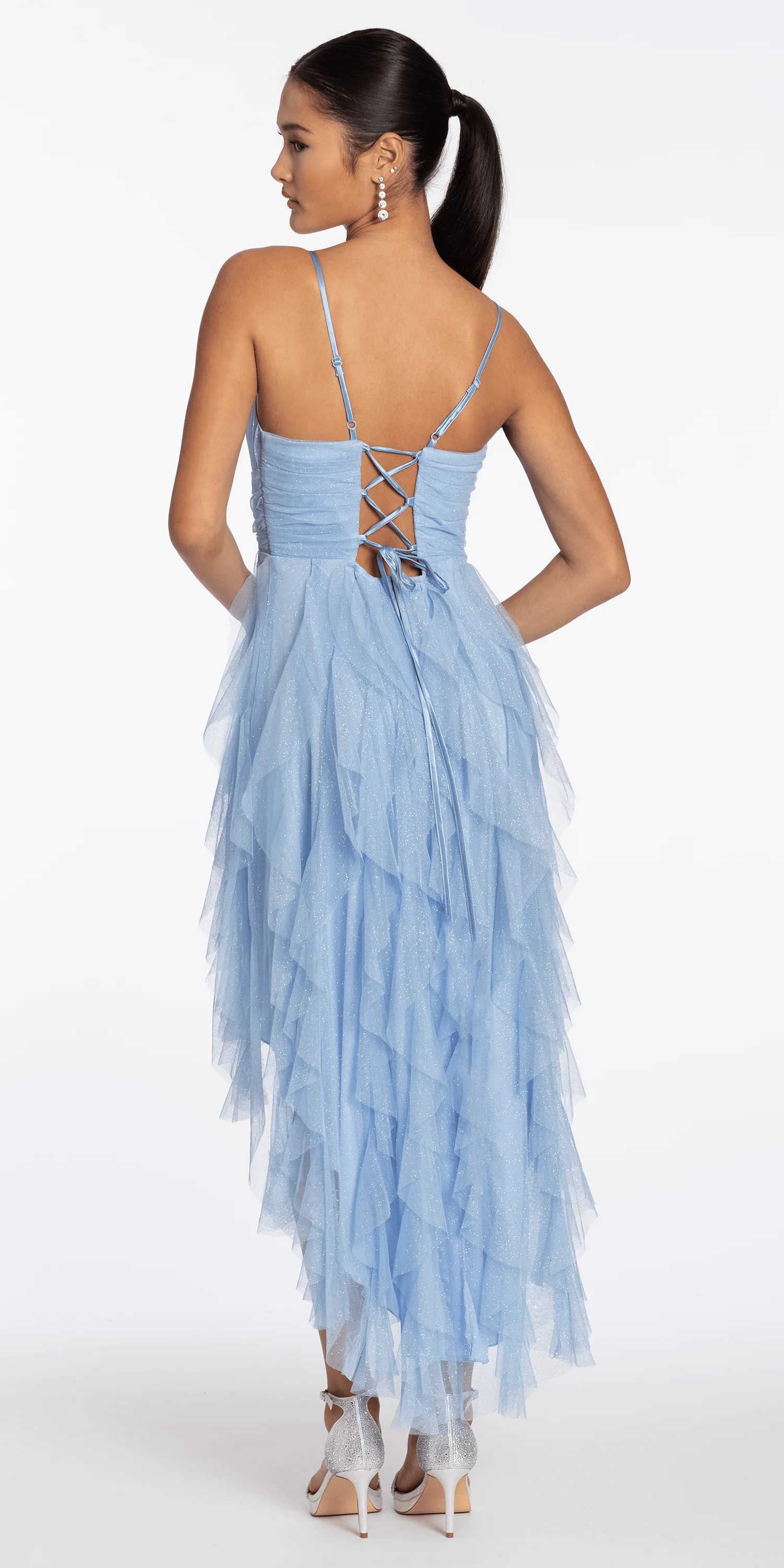 Scoop Neck Glitter Mesh Lace Up Back High-Low Dress - Image 4