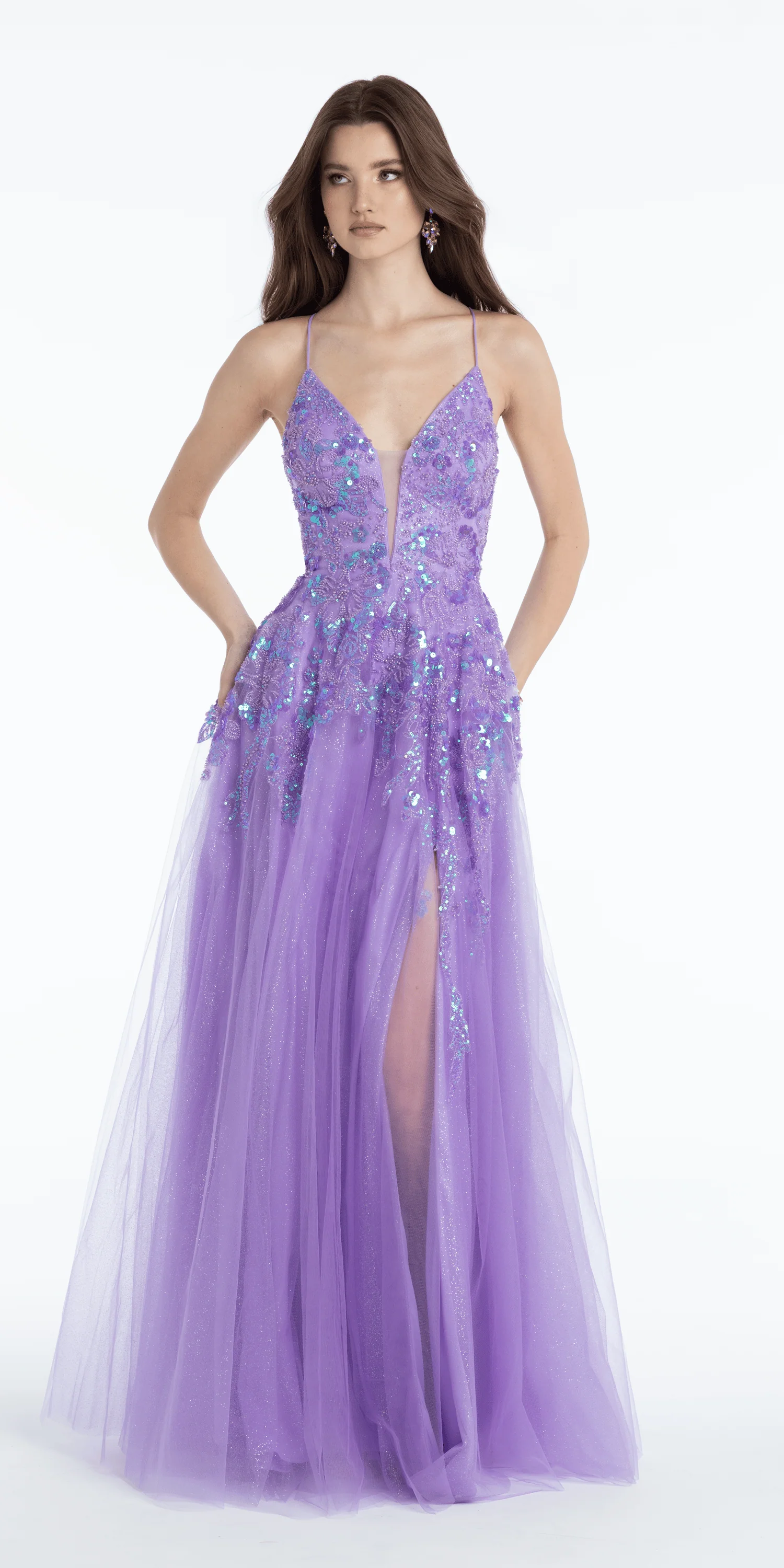 Sequin Embellished Glitter Plunge Ballgown with Side Slit