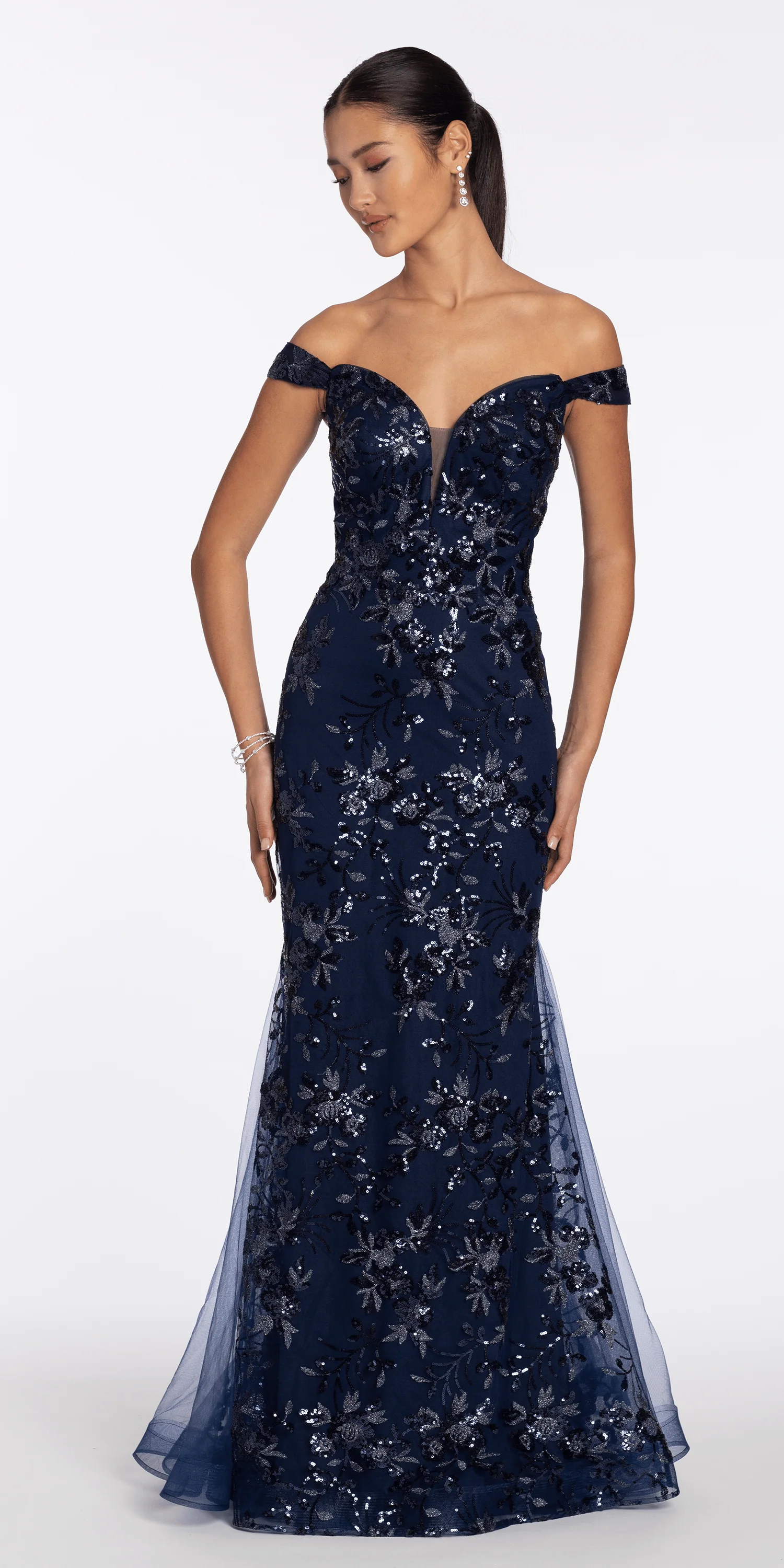 Sequin Embellished Mesh Off the Shoulder Mermaid Dress with Godets