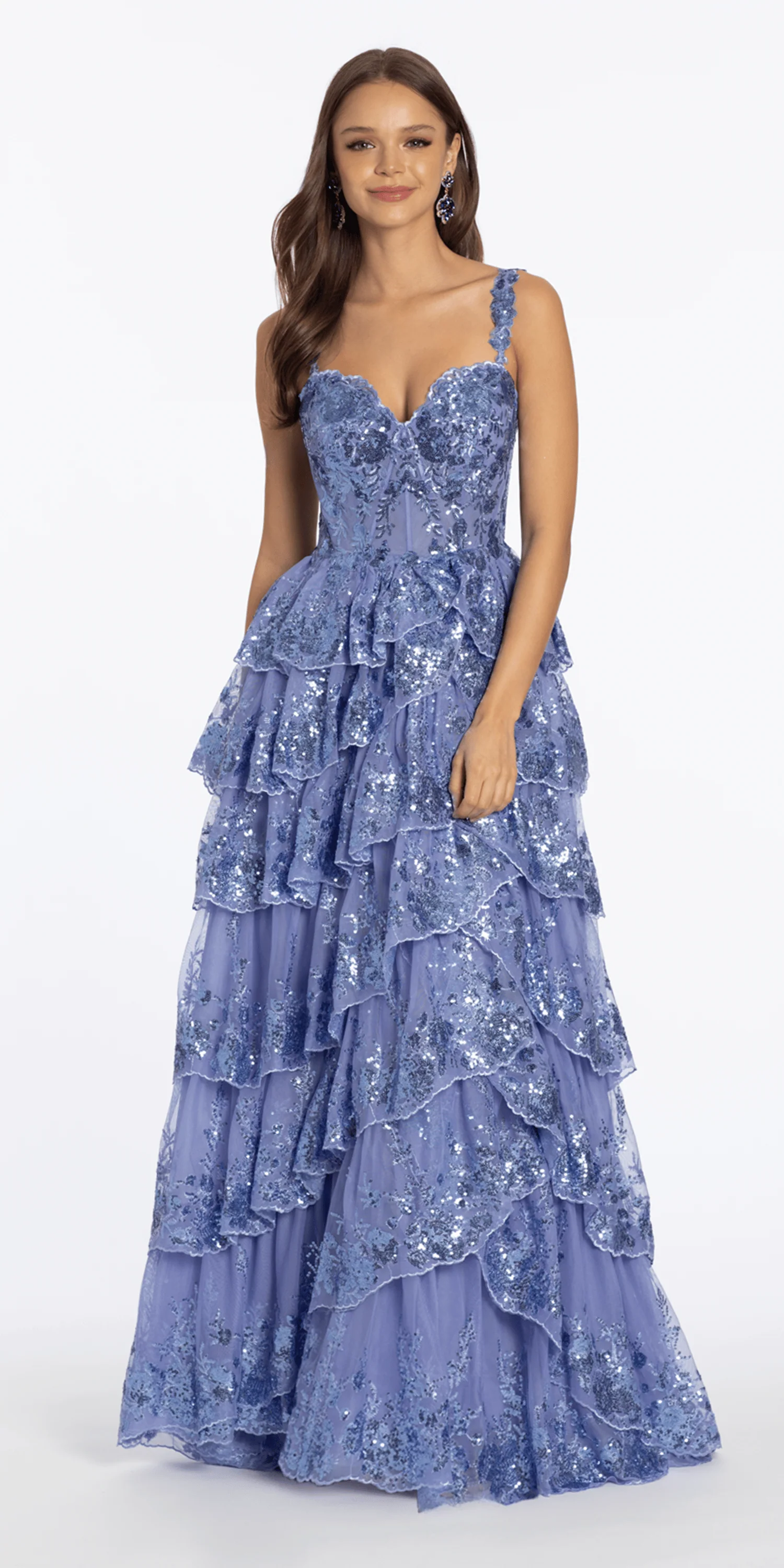 Sequin Embroidered Corset Mesh Tiered Ballgown with Illusion Back - Image 3