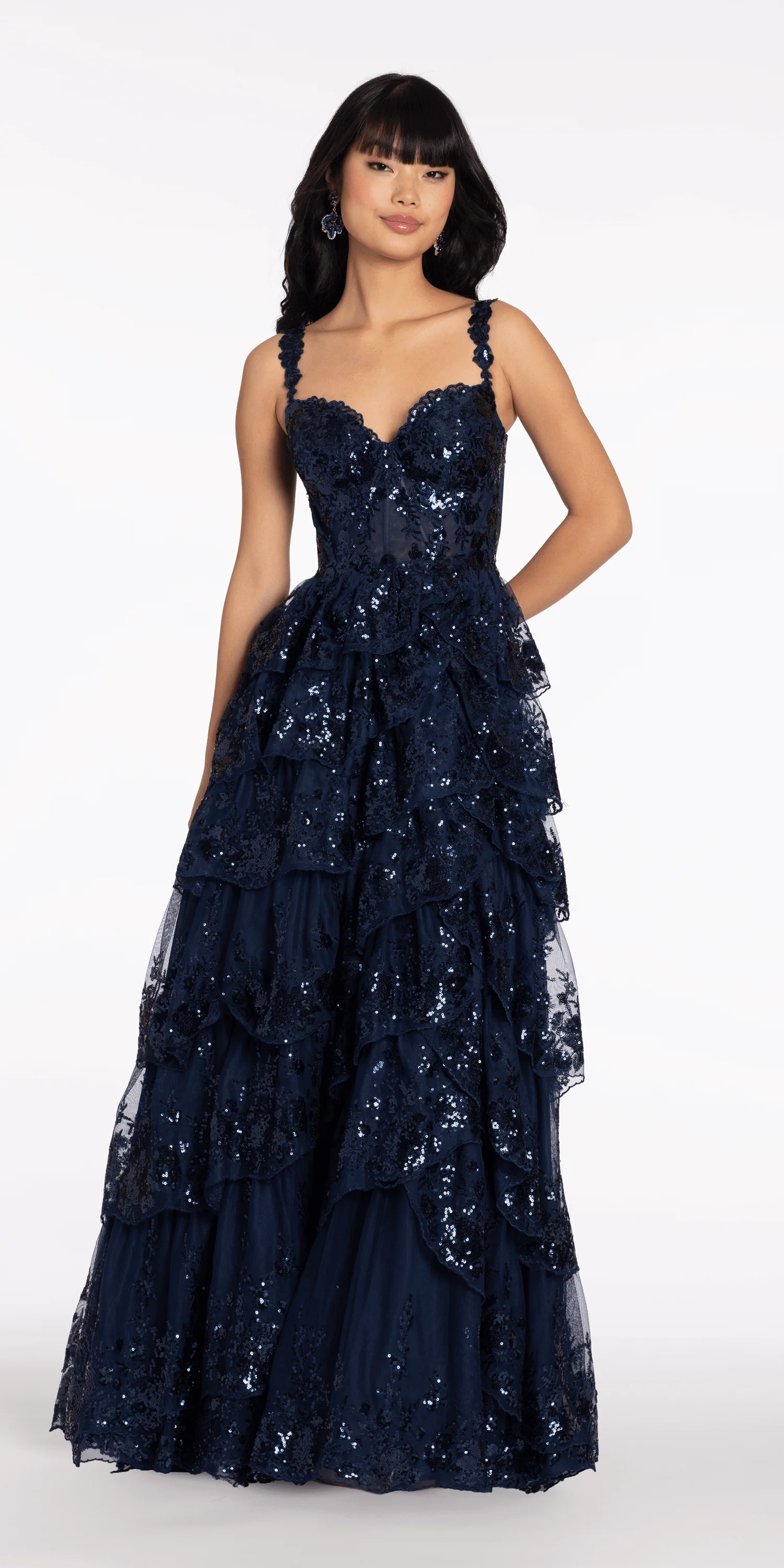 Sequin Embroidered Corset Mesh Tiered Ballgown with Illusion Back - Image 8