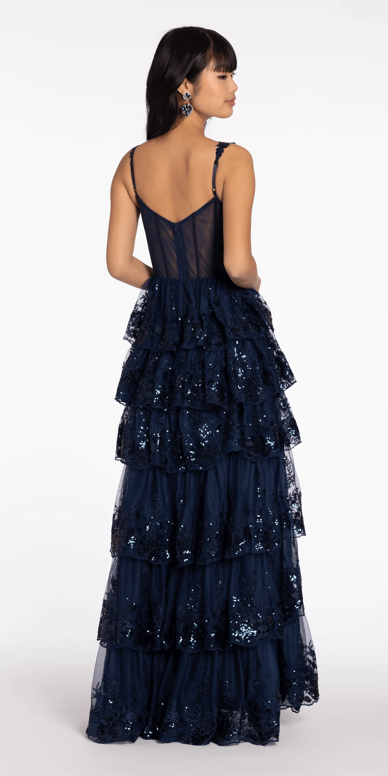 Sequin Embroidered Corset Mesh Tiered Ballgown with Illusion Back - Image 9