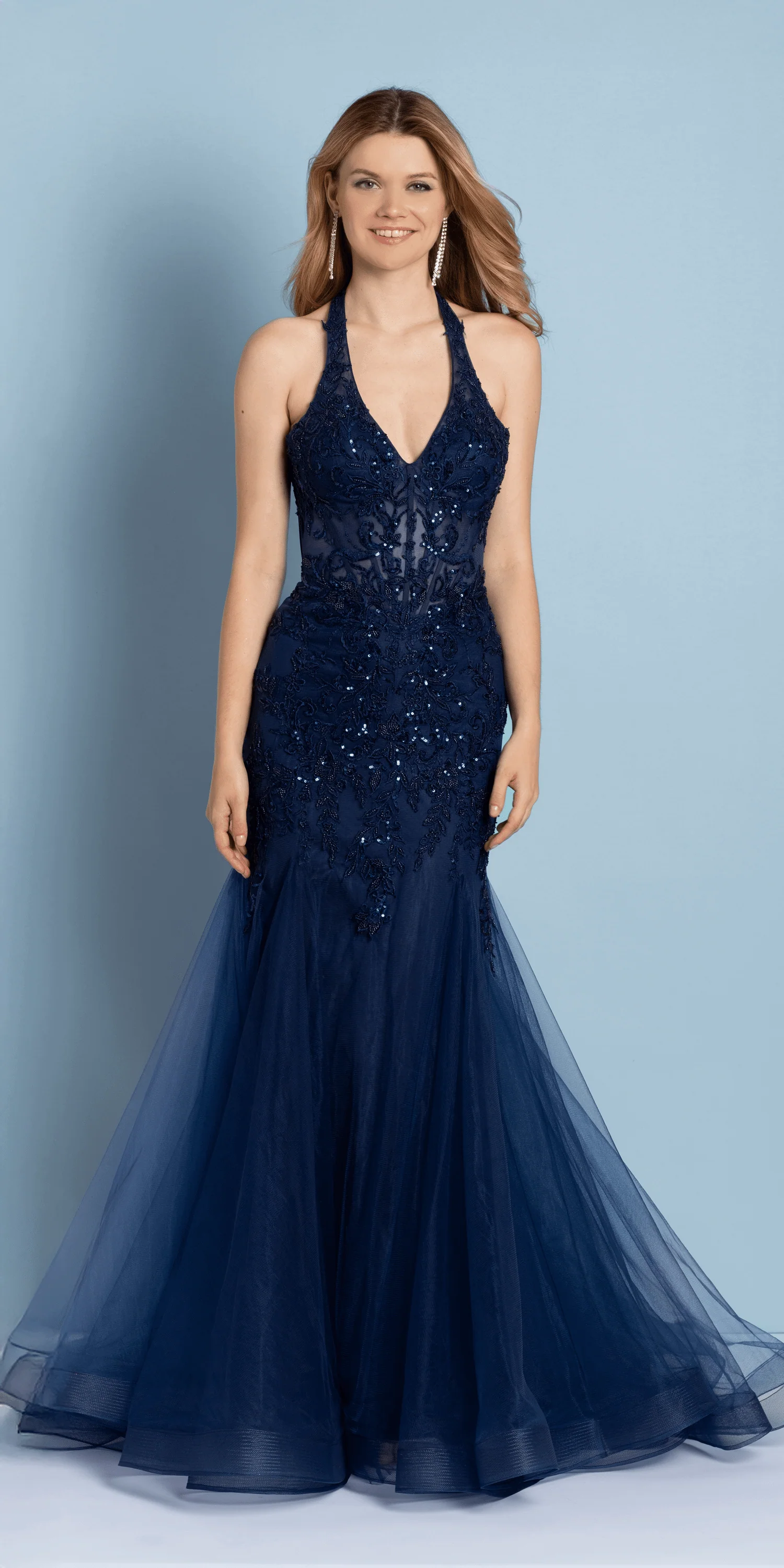 Sequin Embroidered Halter Corset Tulle Mermaid Dress