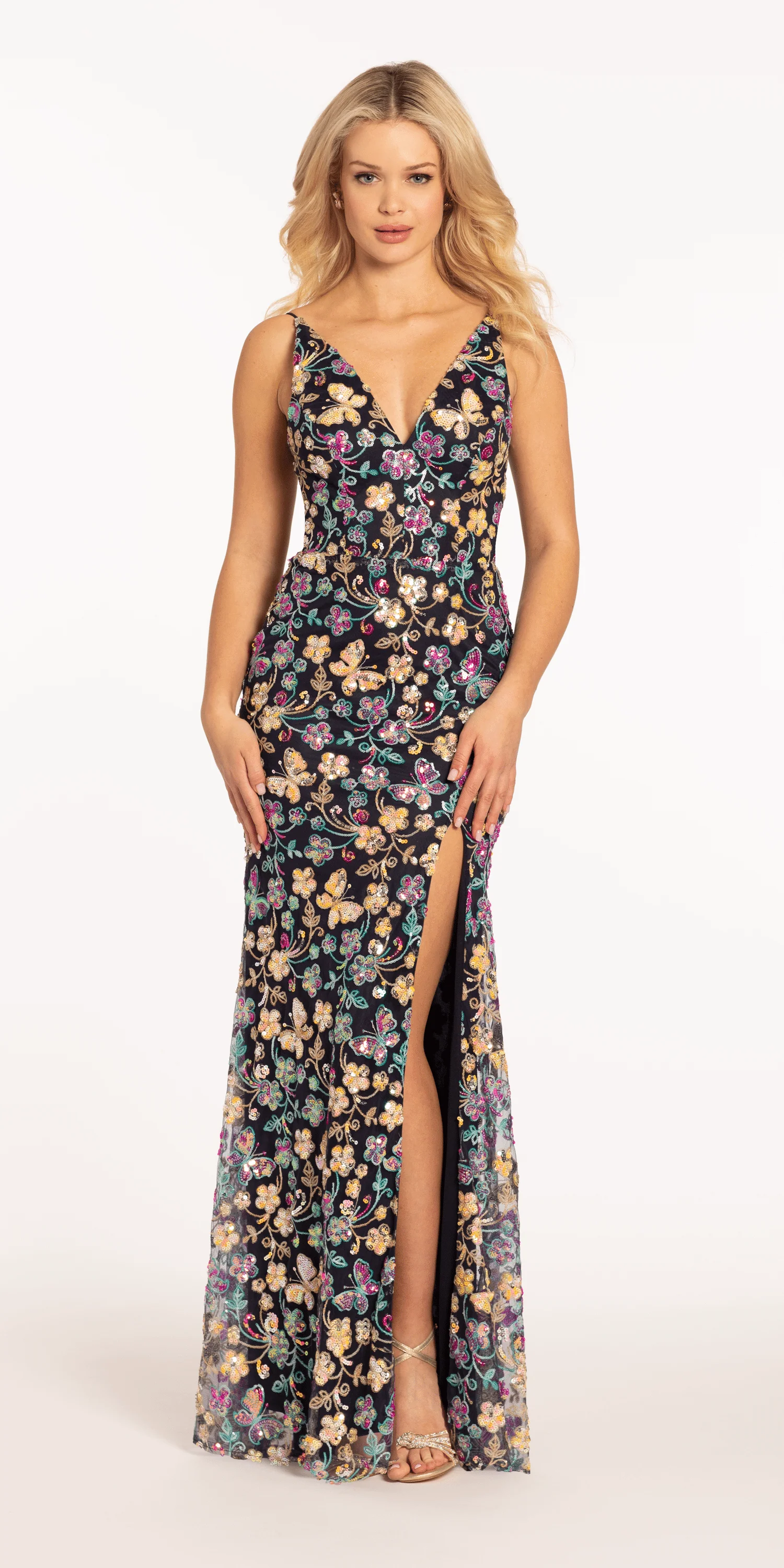 Sequin Floral Garden Plunging Mesh Column Dress
