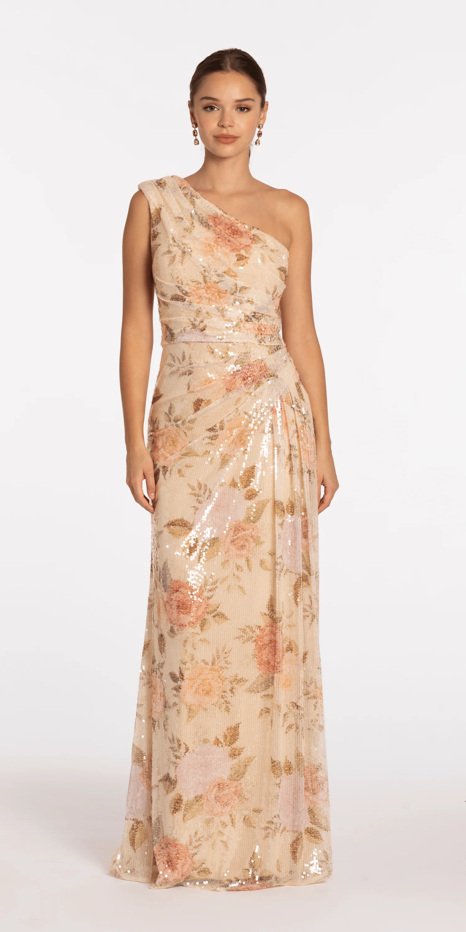 Sequin Floral One Shoulder Column Dress with Side Cascade - Image 3