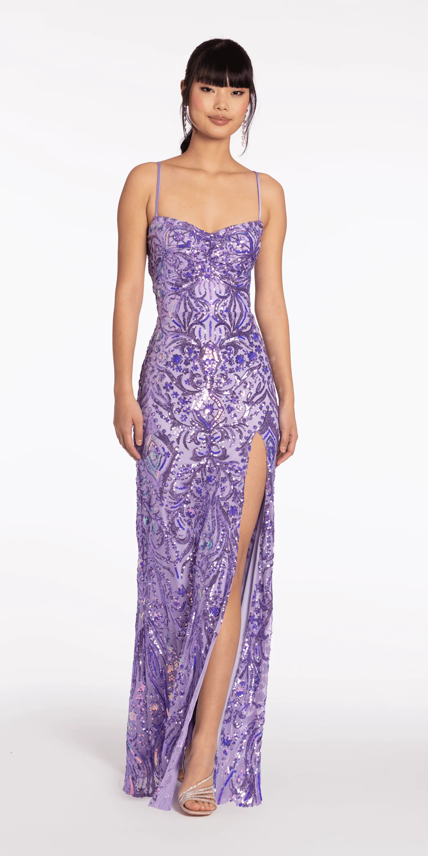 Sequin Mesh Lace Up Column Dress with Side Slit - Image 3