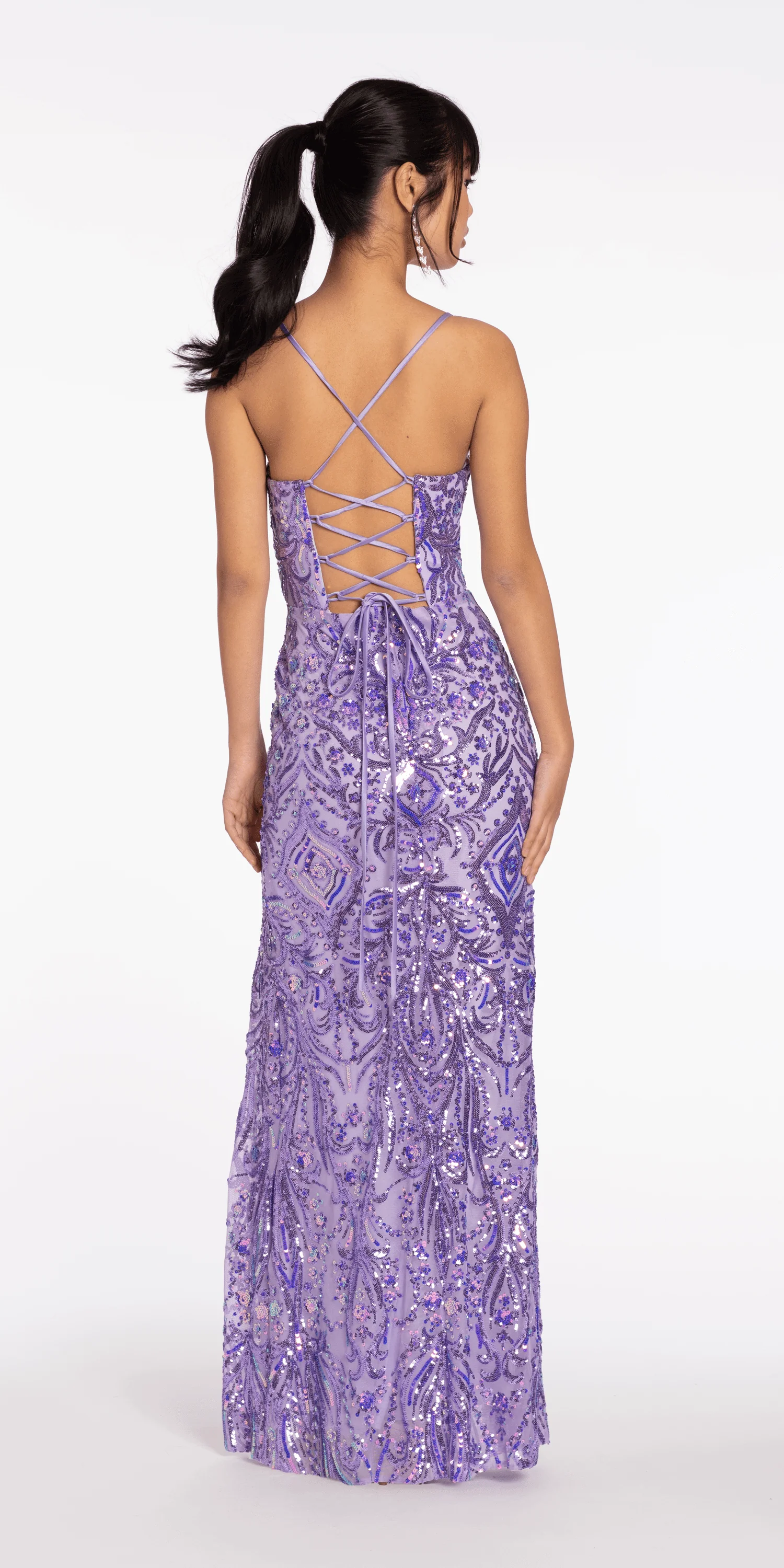Sequin Mesh Lace Up Column Dress with Side Slit - Image 4