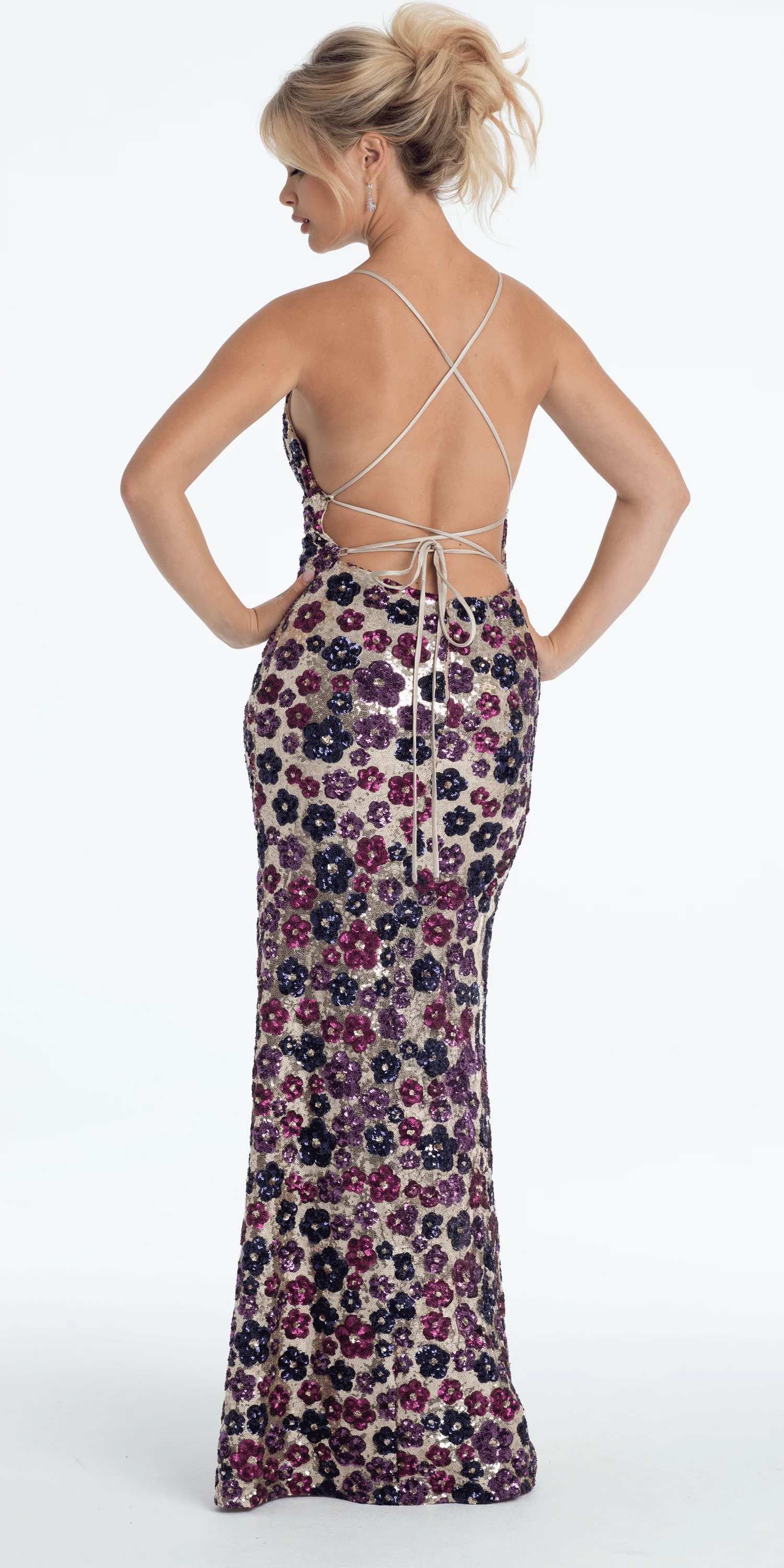 Strappy Back Sequin Daisy Column Dress with Side Slit - Image 4