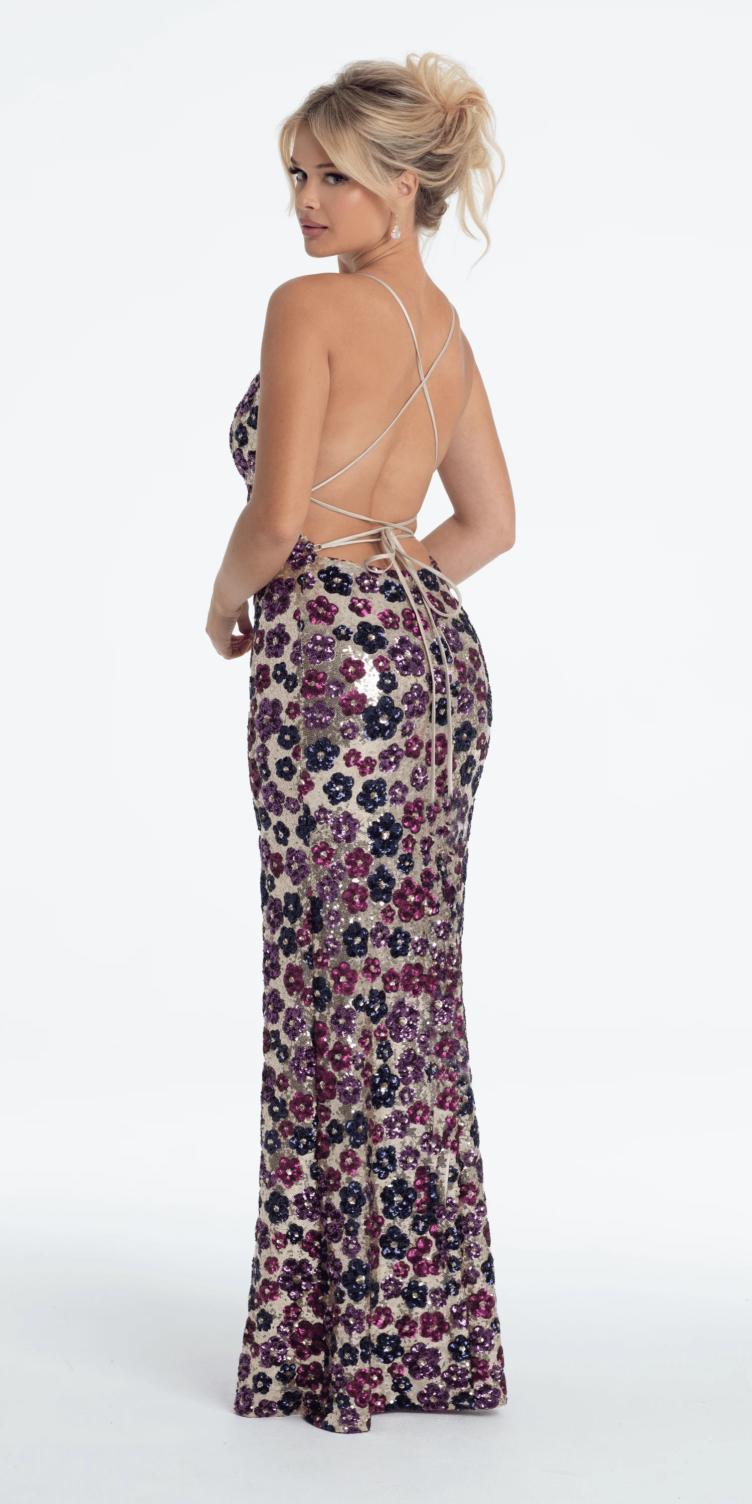 Strappy Back Sequin Daisy Column Dress with Side Slit - Image 5