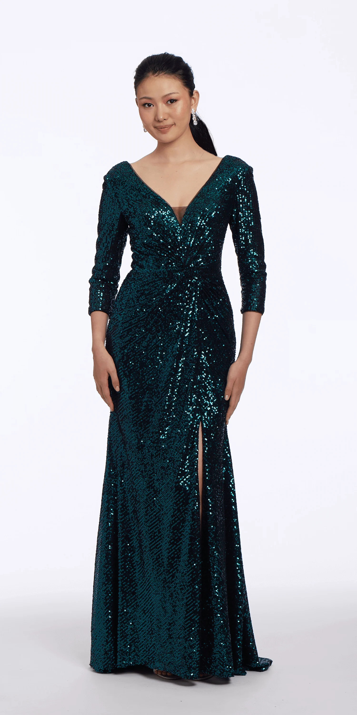 Sequin V Back 3/4 Sleeve Column Dress with Ruching