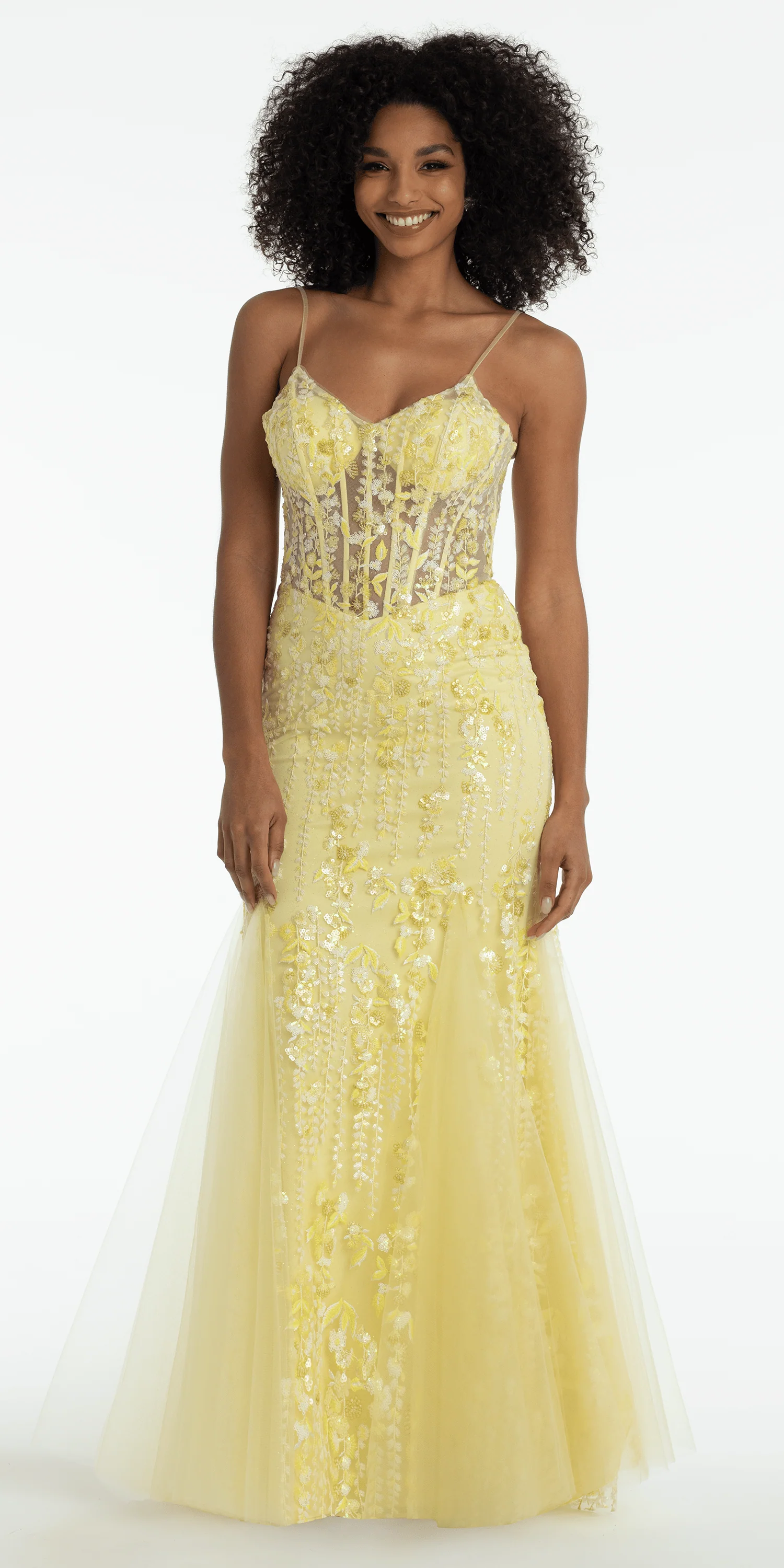 Sequin V Neck Mesh Embroidered Mermaid Dress with Godets - Image 3
