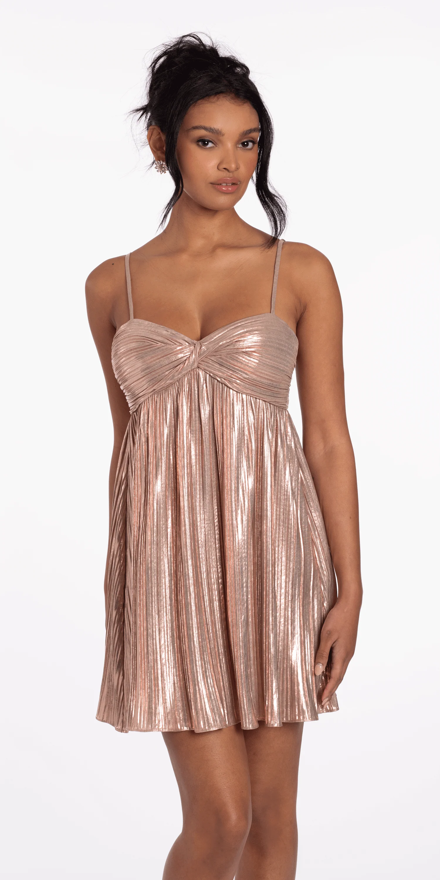 Shimmer Foil Pinstripe Twisted Sweetheart Babydoll Dress