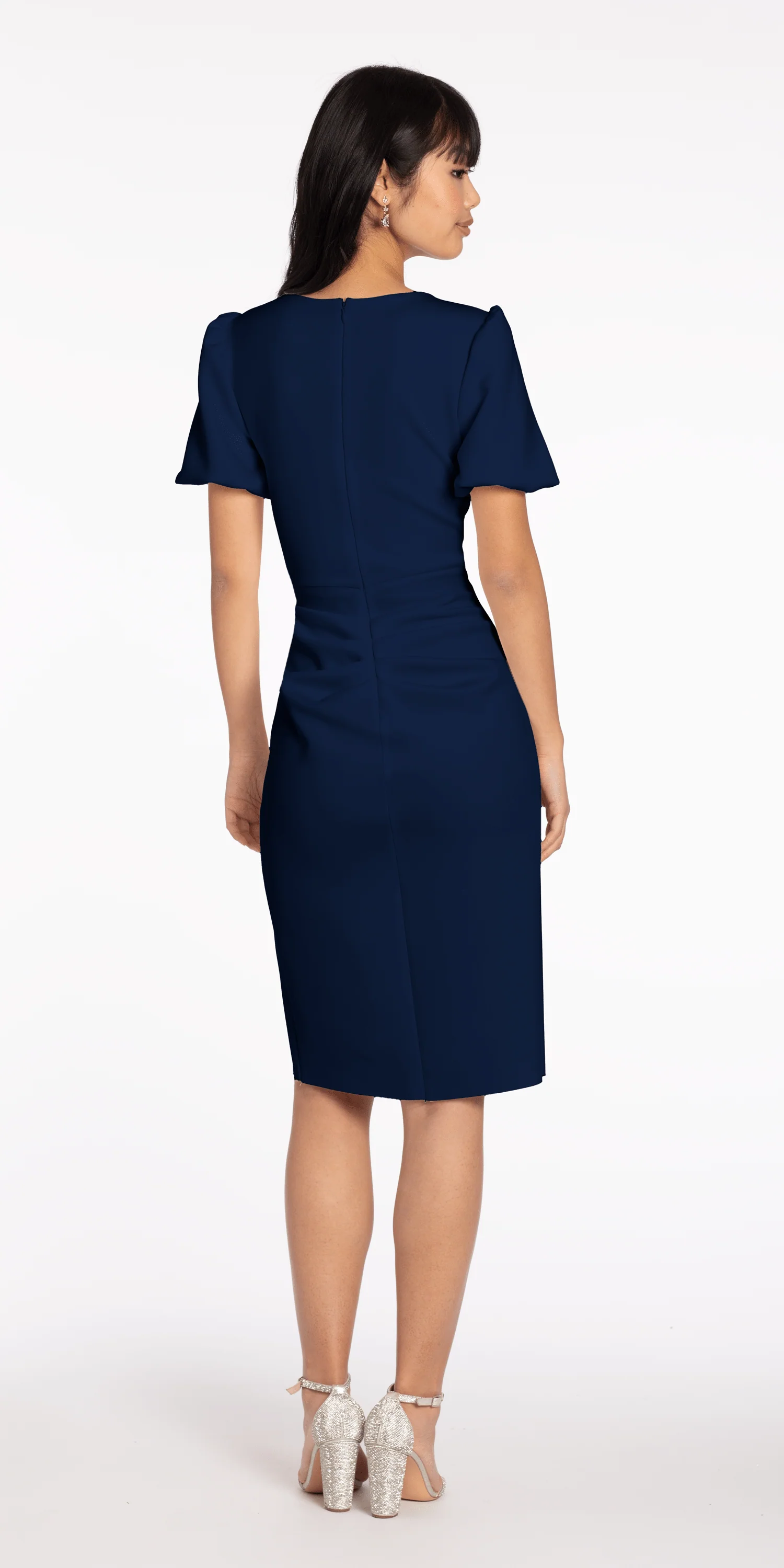Short Puff Sleeve Scuba Midi Dress with Side Cascade - Image 2