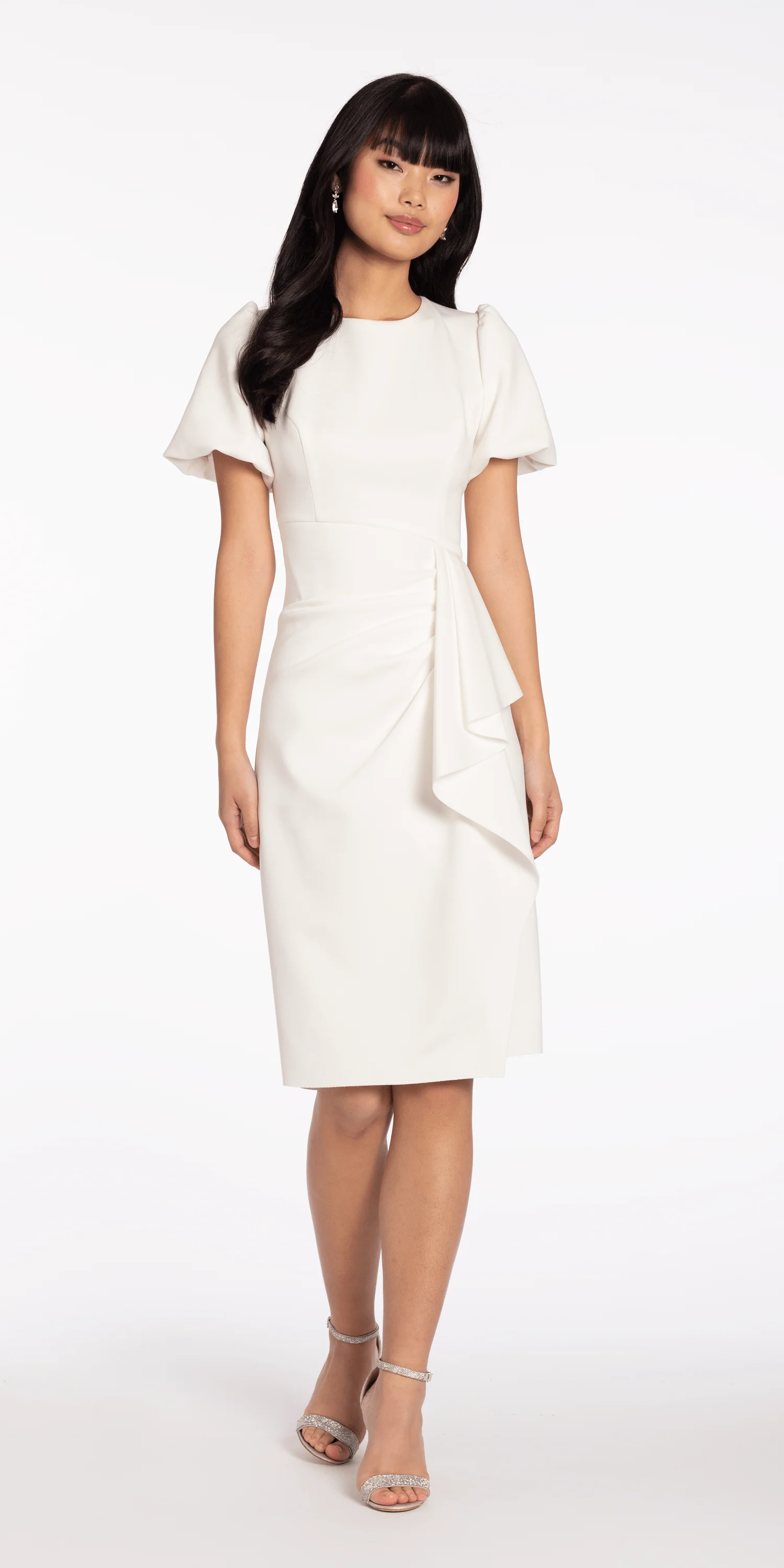 Short Puff Sleeve Scuba Midi Dress with Side Cascade - Image 4