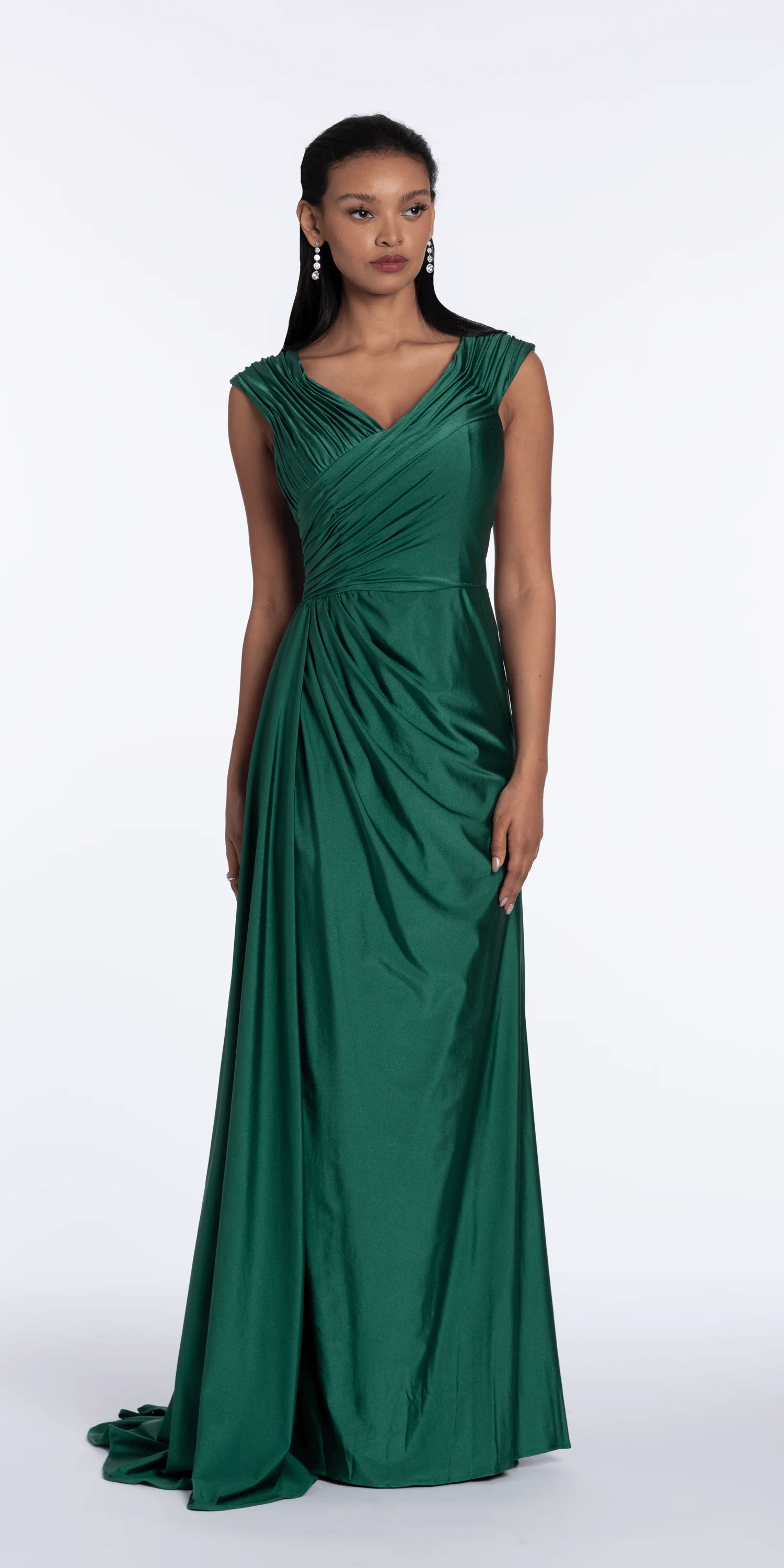 Spandex V Neck Cap Sleeve Column Dress with Side Cascade
