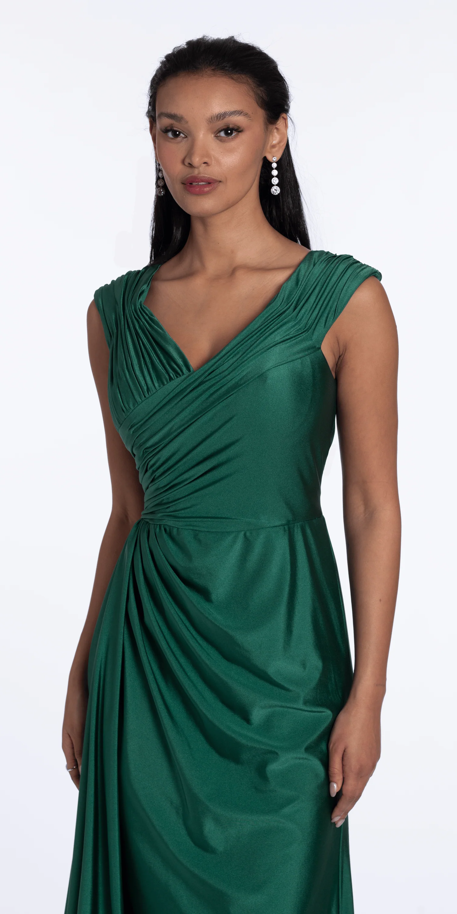 Spandex V Neck Cap Sleeve Column Dress with Side Cascade - Image 2