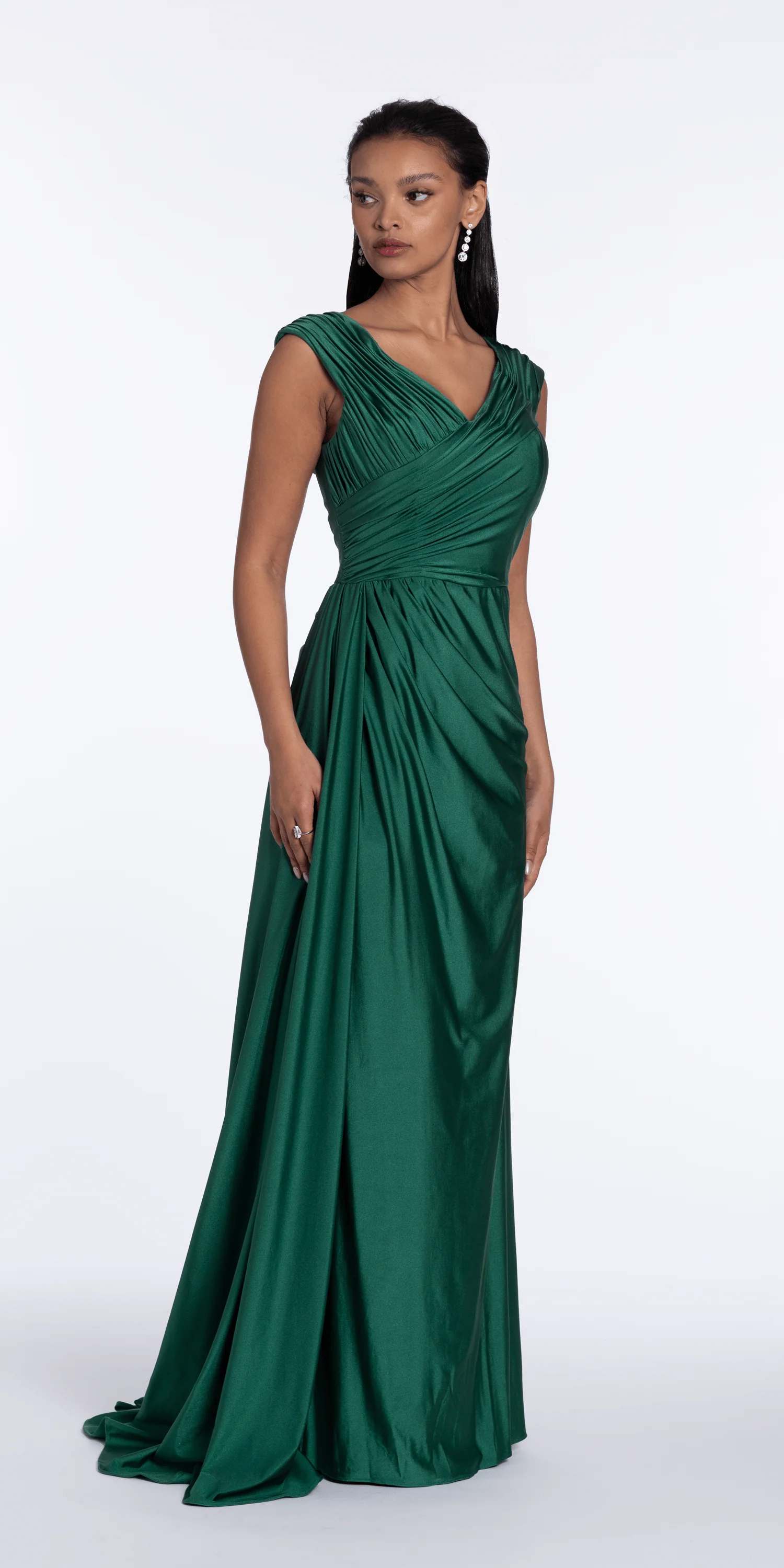 Spandex V Neck Cap Sleeve Column Dress with Side Cascade - Image 3
