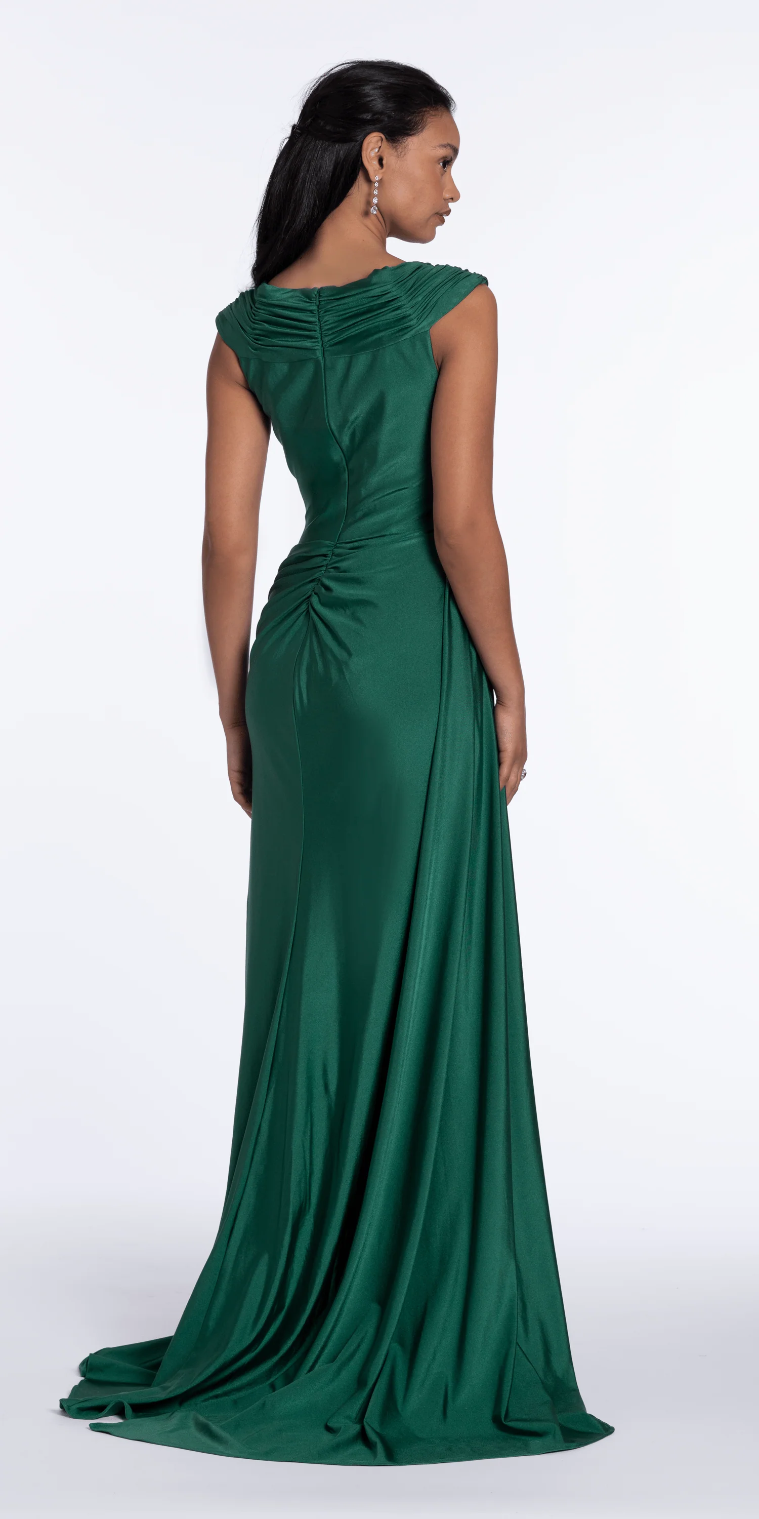 Spandex V Neck Cap Sleeve Column Dress with Side Cascade - Image 4