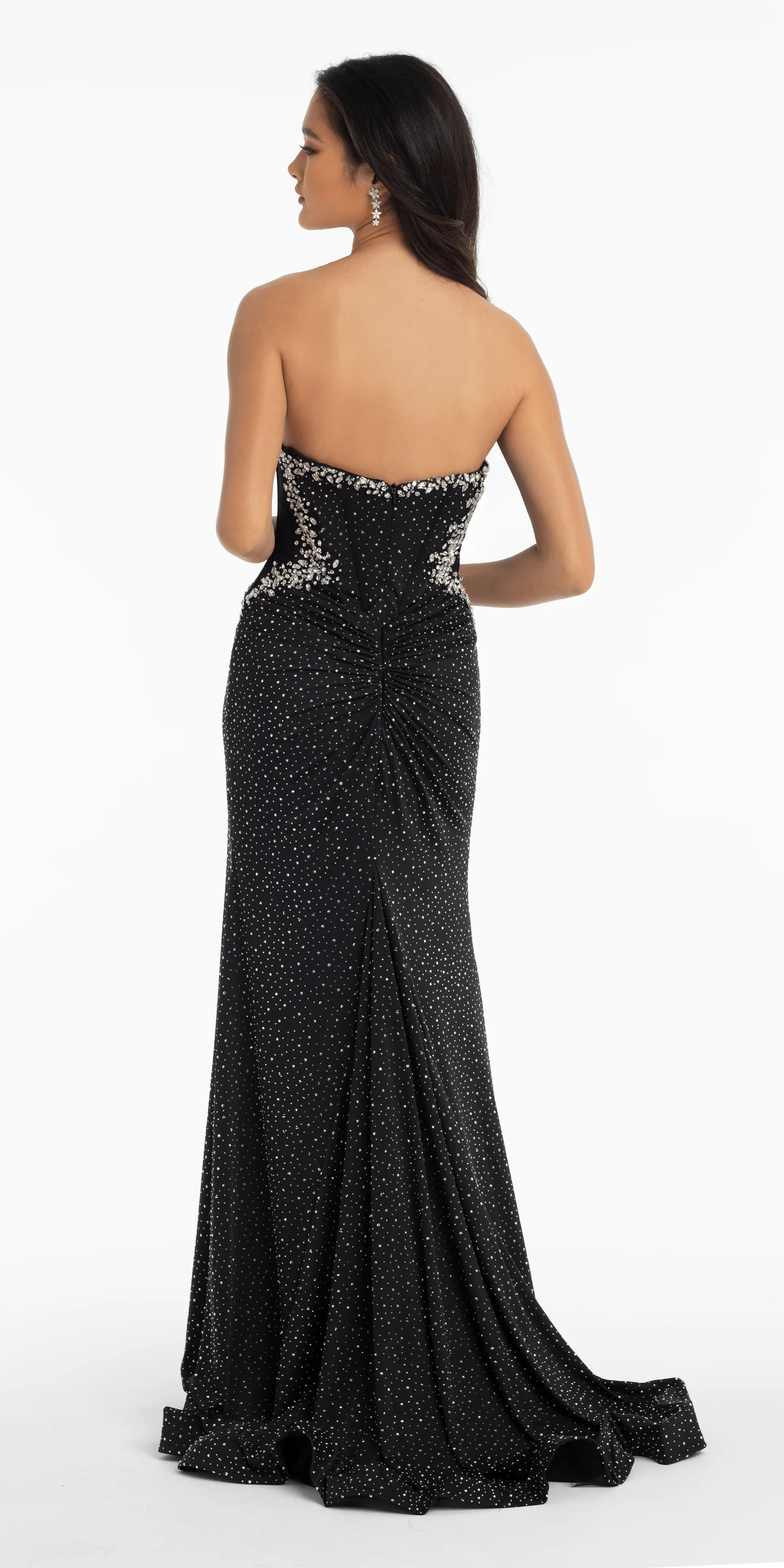 Sparking Strapless Jersey Corset Plunge Trumpet Dress with Rhinestone Details - Image 3