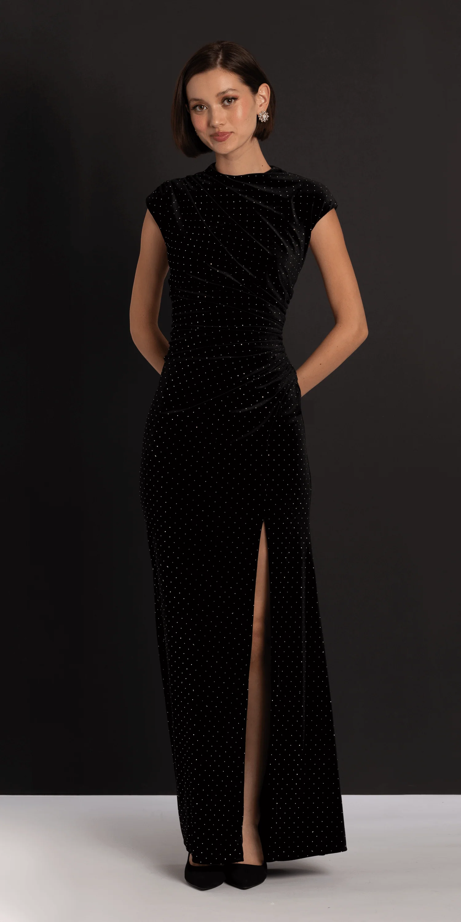 Stone Encrusted Velvet Mock Neck Cap Sleeve Column Dress