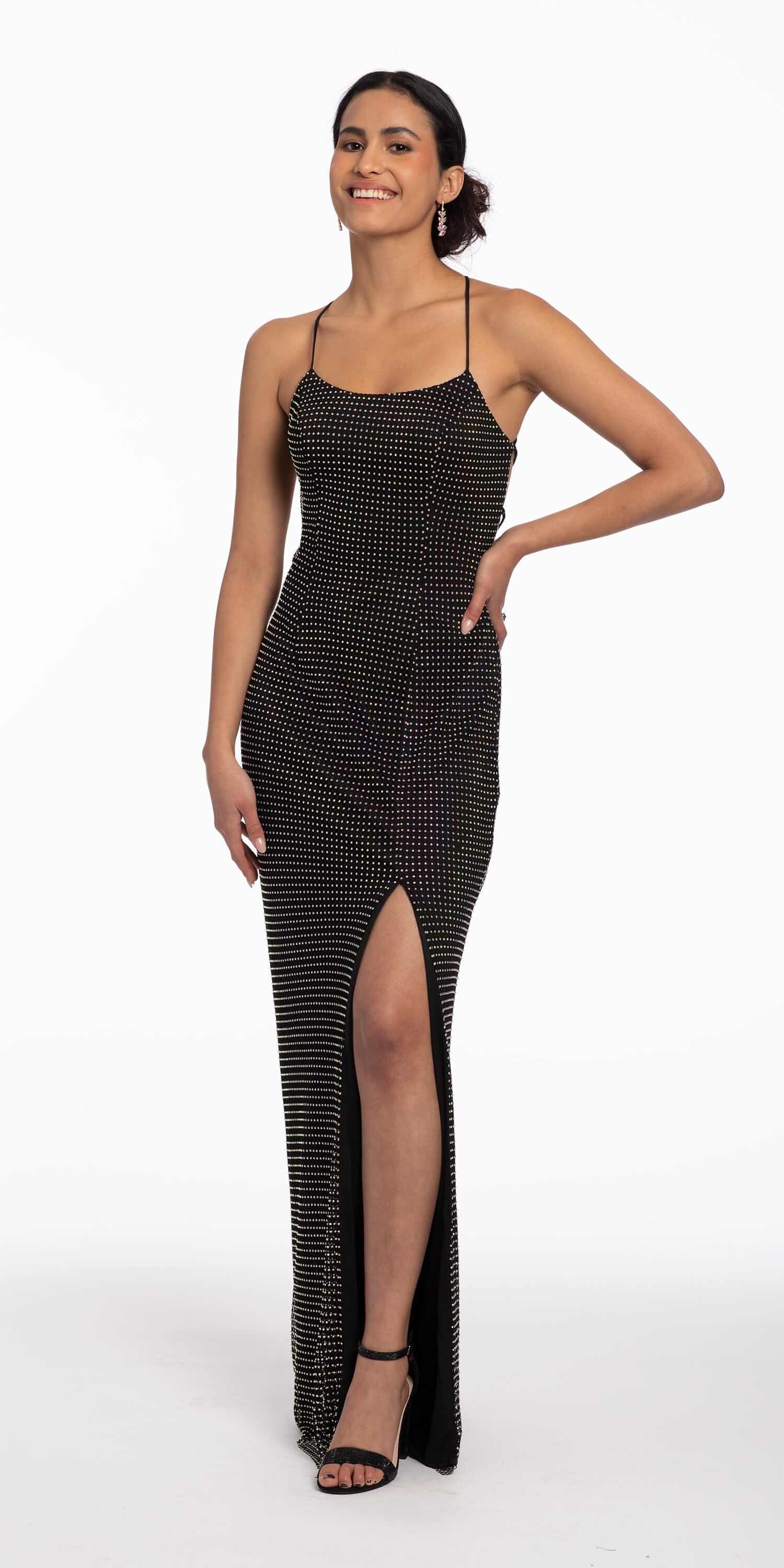 Stone Netting Lace Up Dress with Side Slit