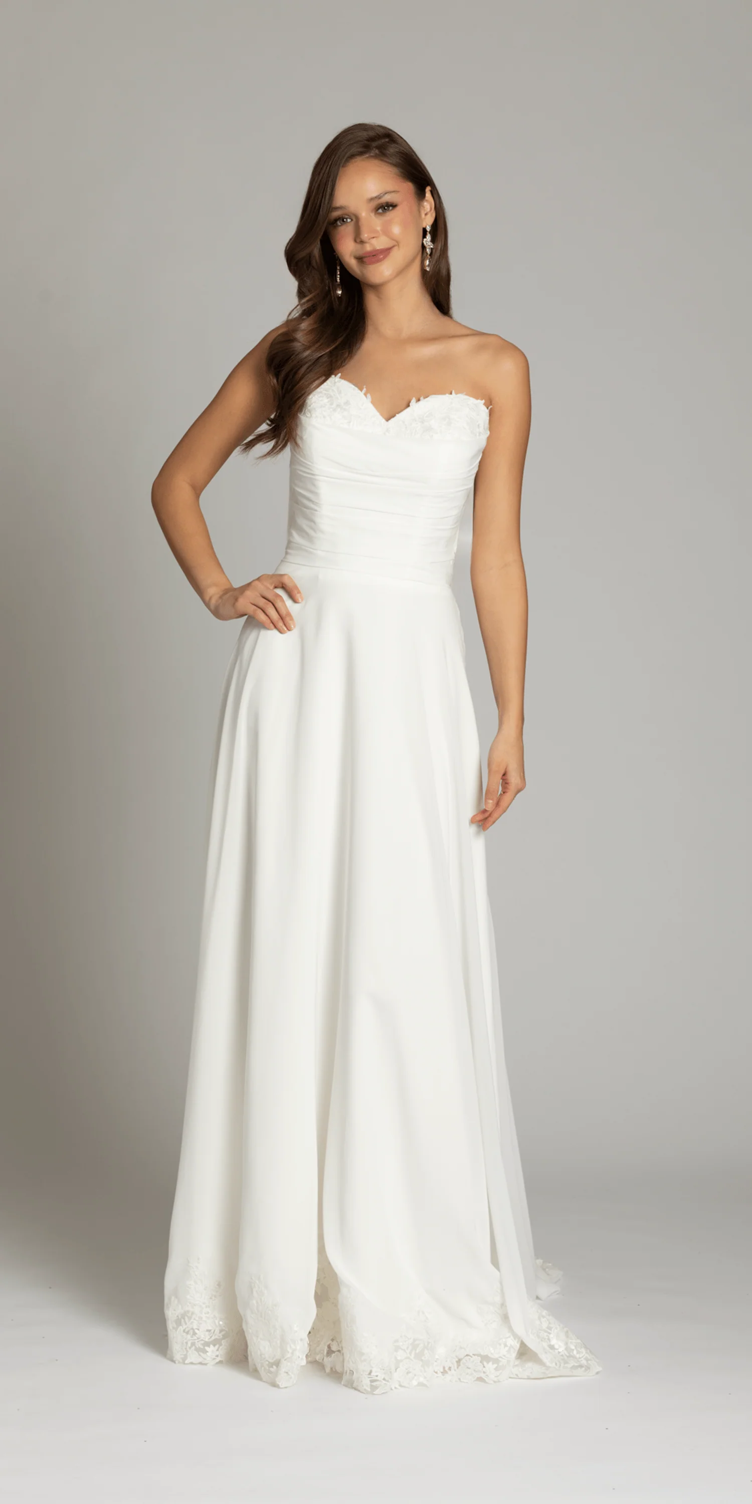 Strapless Chiffon Drape A Line Dress with Applique Hem - Image 3