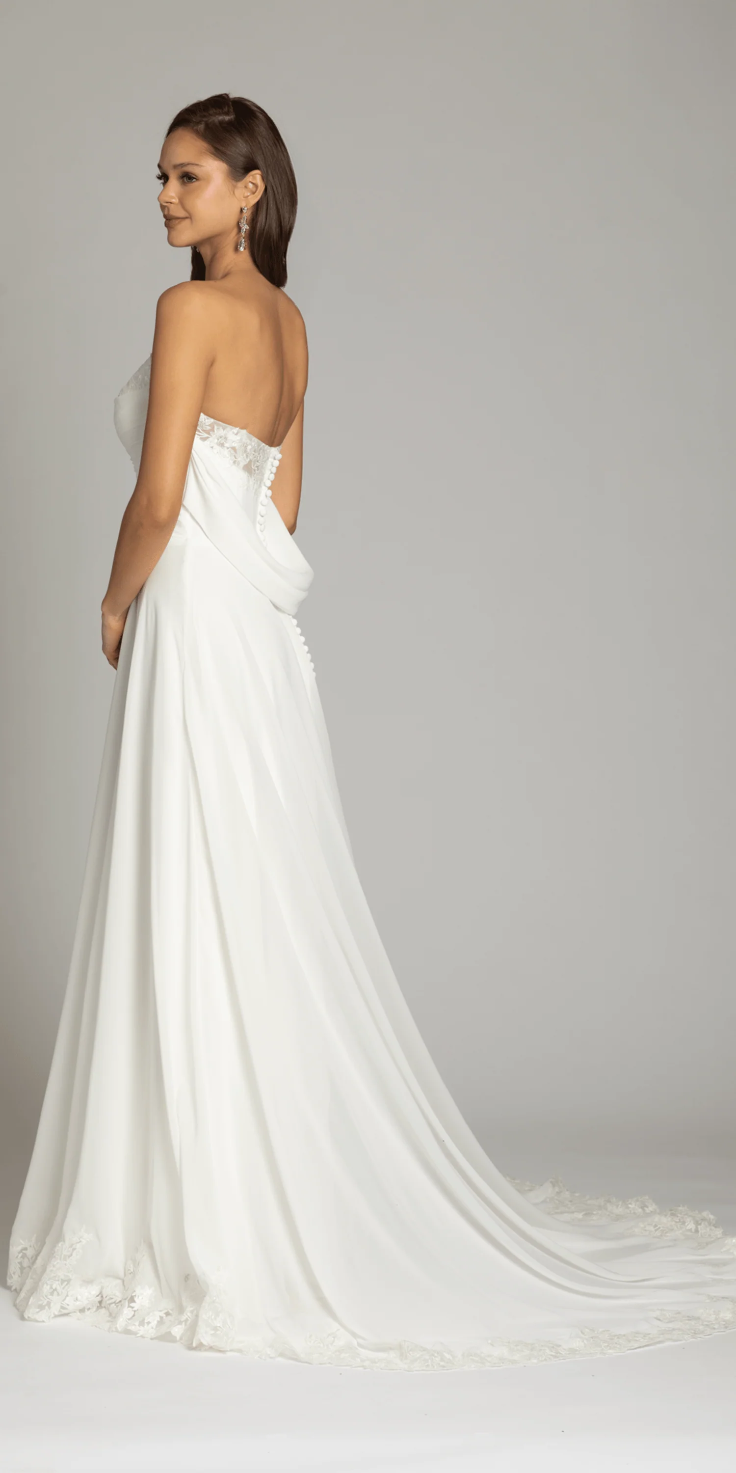 Strapless Chiffon Drape A Line Dress with Applique Hem - Image 4