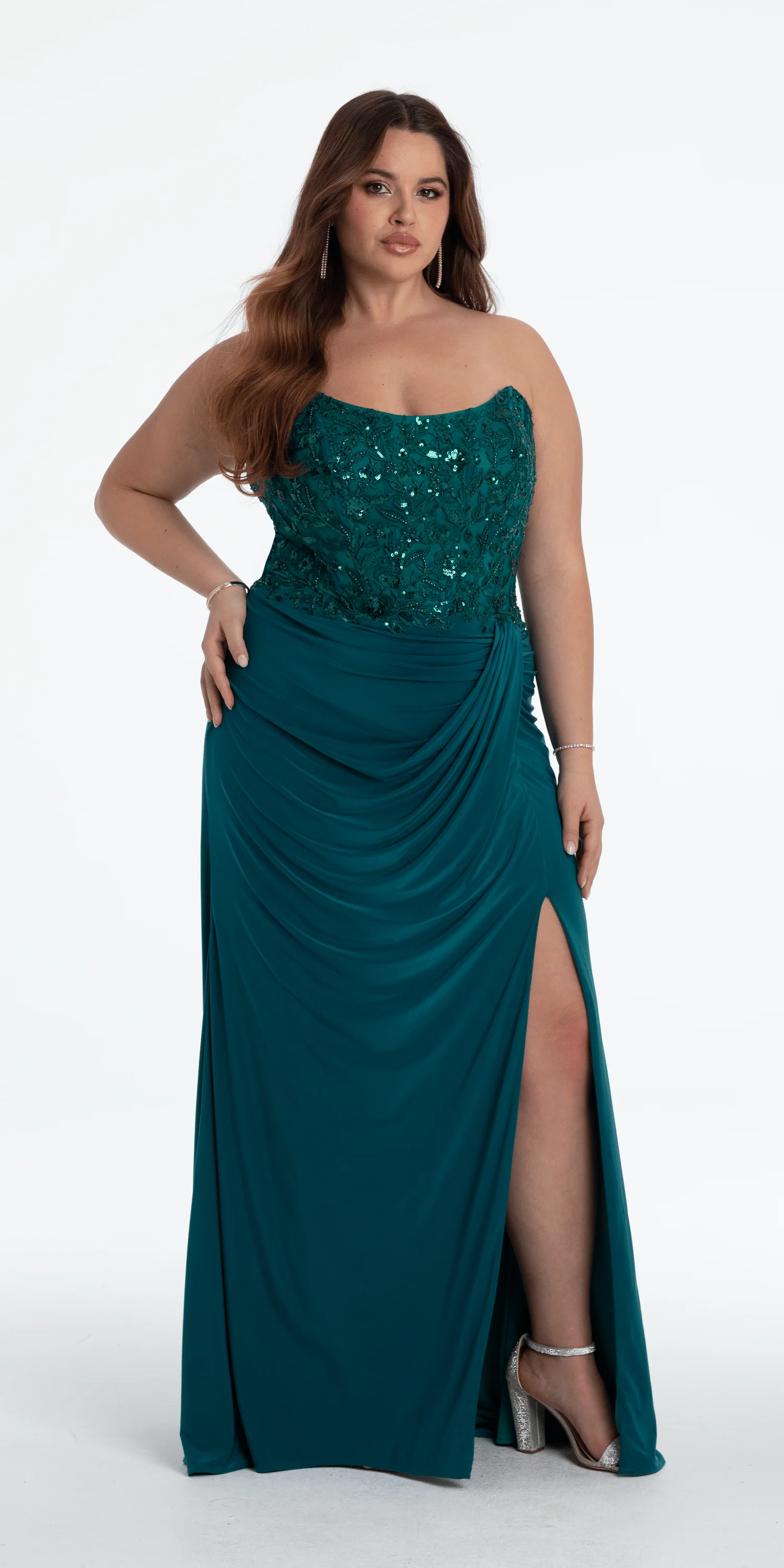 Strapless Embellished Drape Corset Jersey Column Dress - Image 4