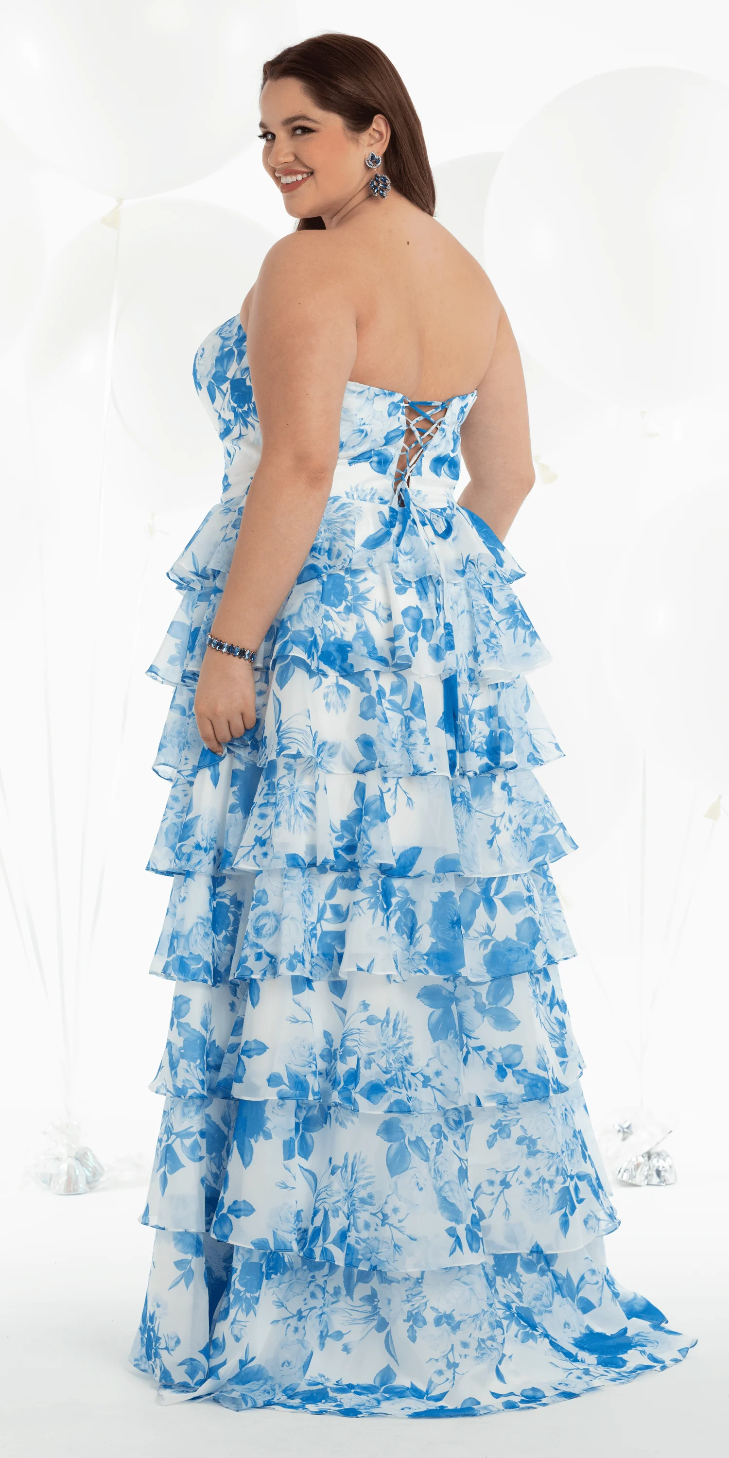 Strapless Floral Chiffon Tiered Ballgown with Side Slit - Image 10