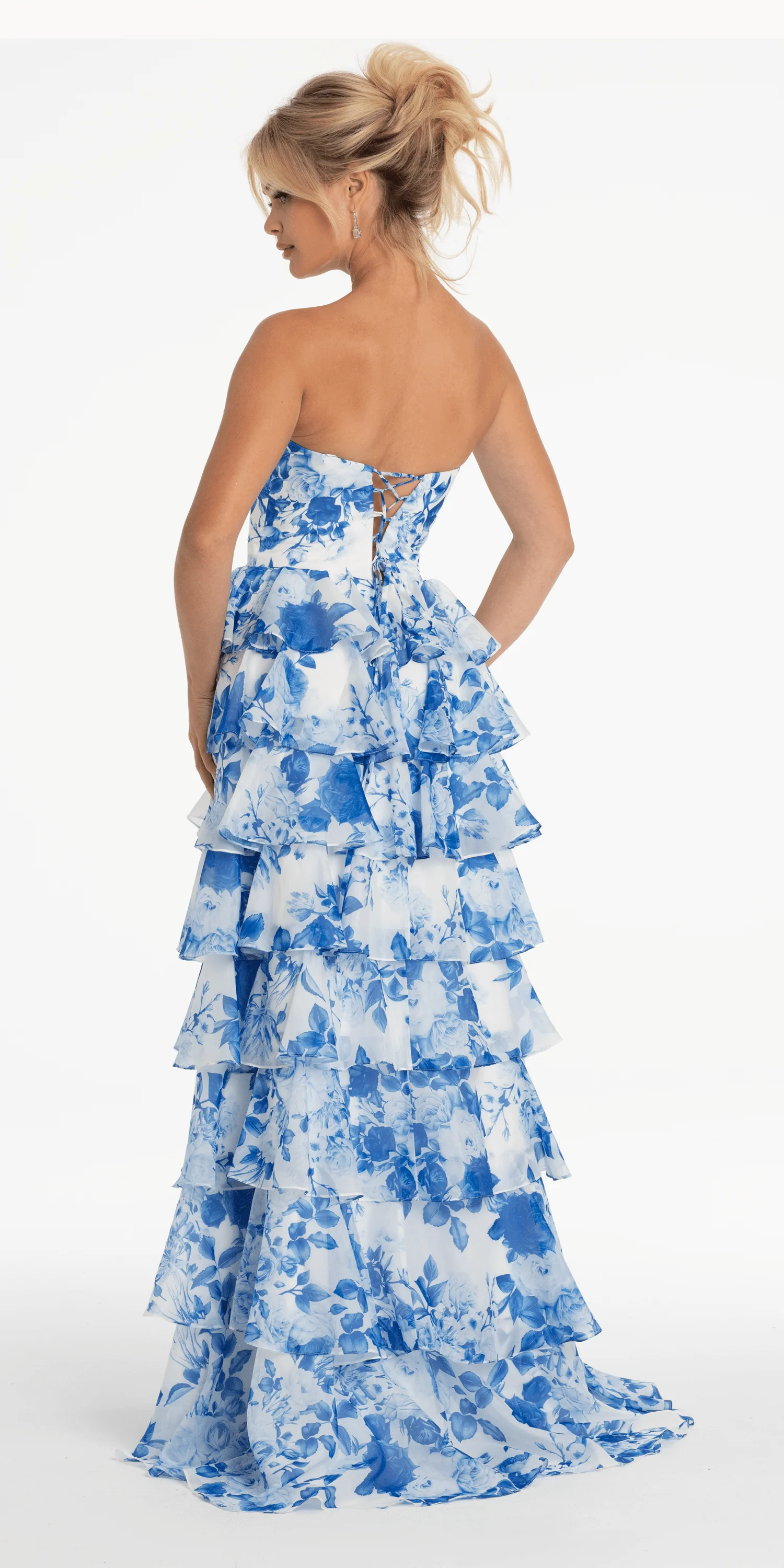 Strapless Floral Chiffon Tiered Ballgown with Side Slit - Image 7