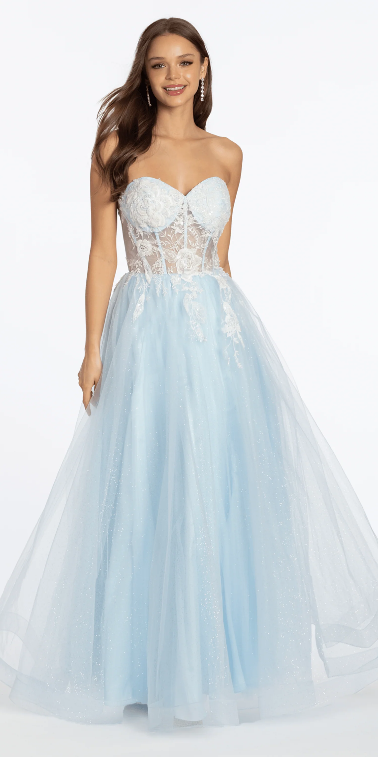 Strapless Floral Embellished Corset Glitter Tulle Ballgown