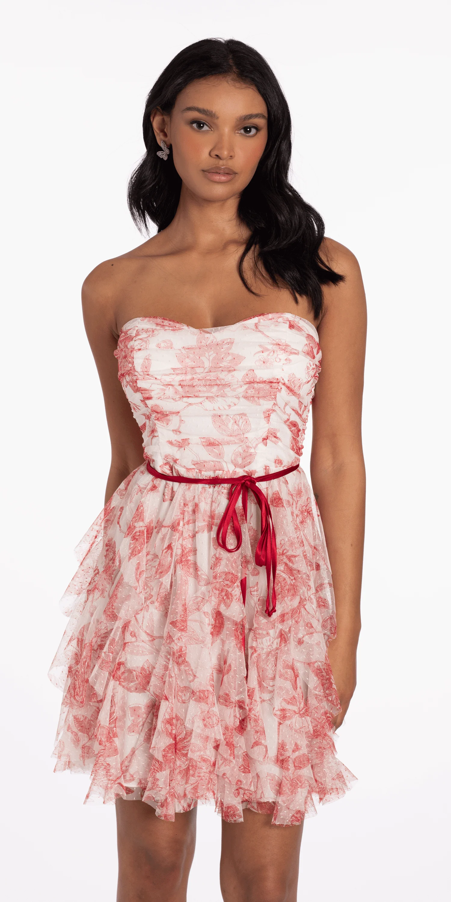 Strapless Floral Mesh Tiered Fit and Flare Dress