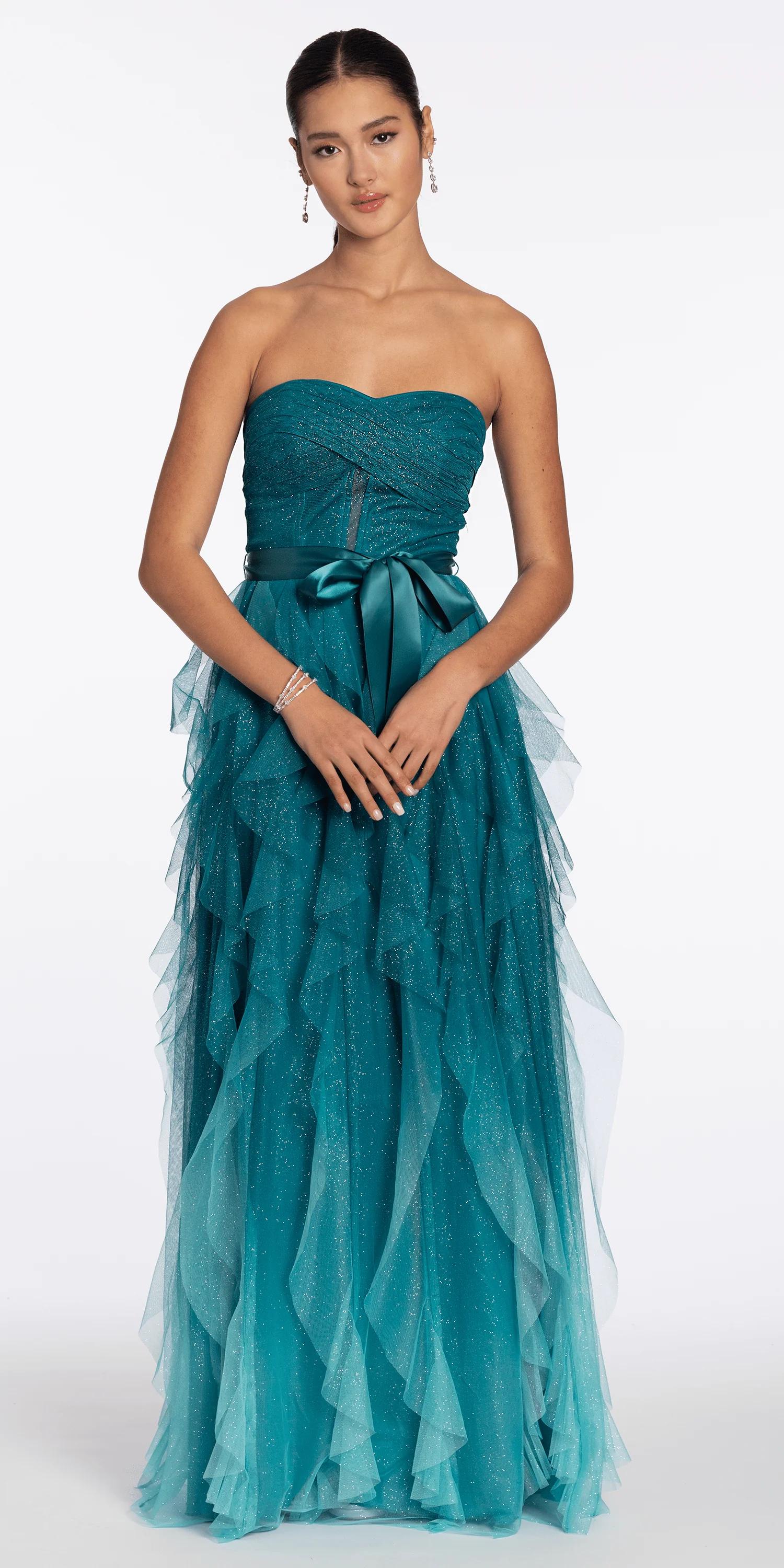 Strapless Glitter Mesh Ombre A Line Dress with Tendrils - Image 3