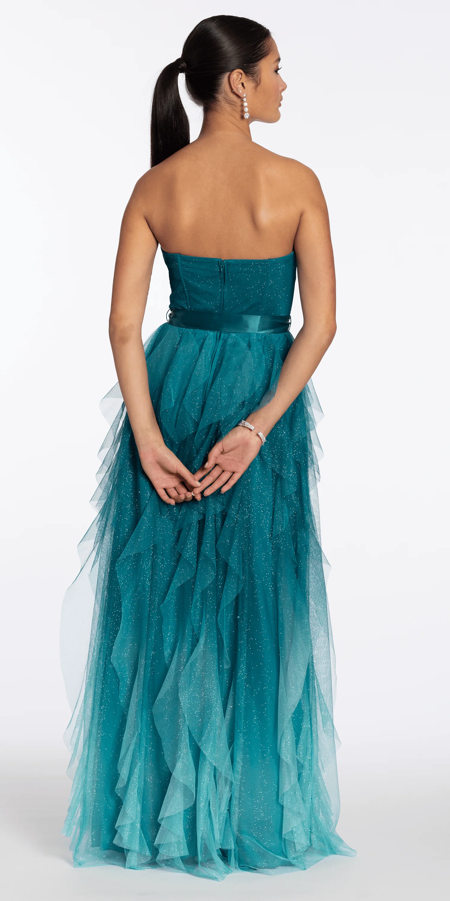 Strapless Glitter Mesh Ombre A Line Dress with Tendrils - Image 4