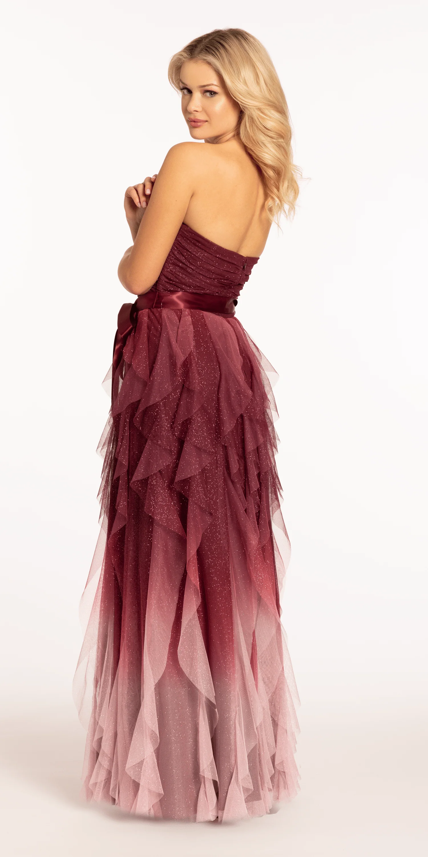 Strapless Glitter Mesh Ombre Tendril Dress with Satin Tie - Image 12