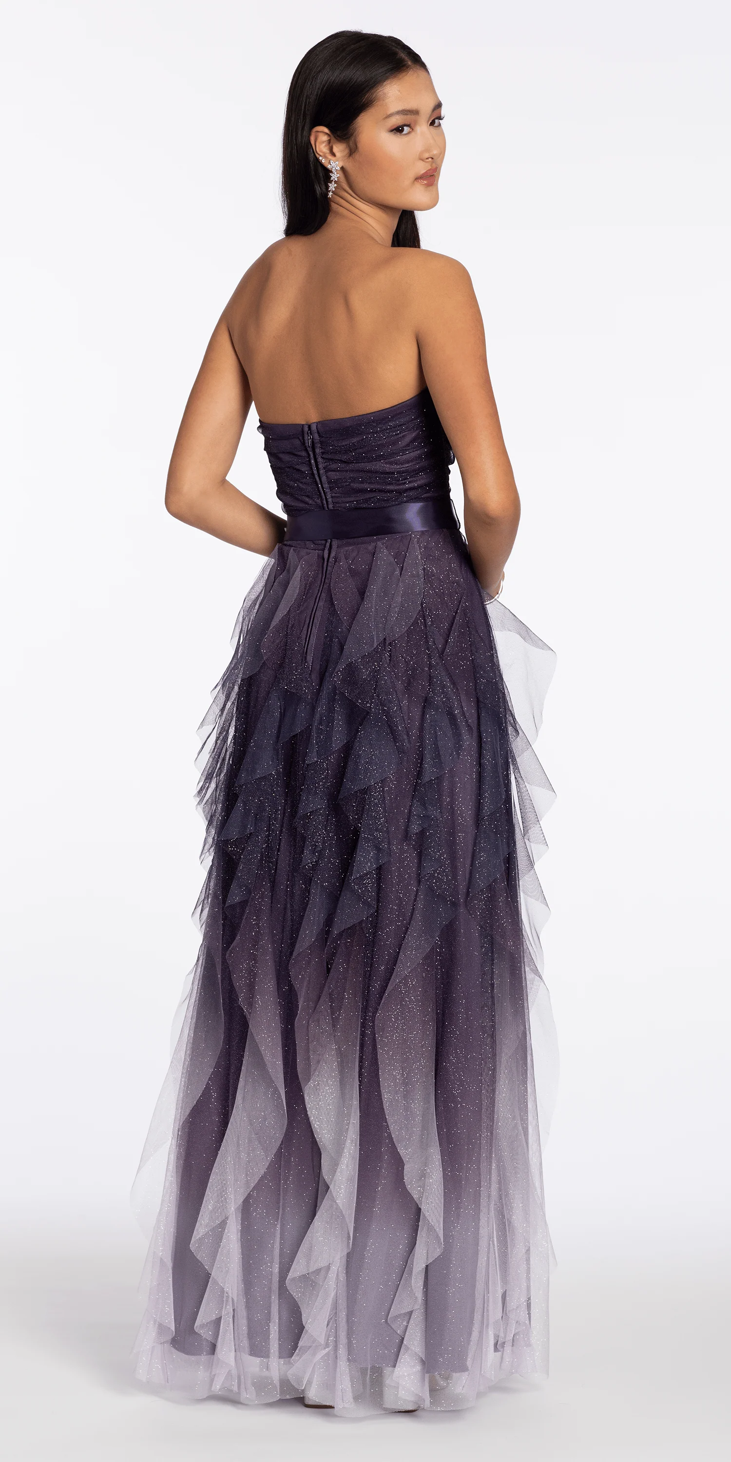Strapless Glitter Mesh Ombre Tendril Dress with Satin Tie - Image 5