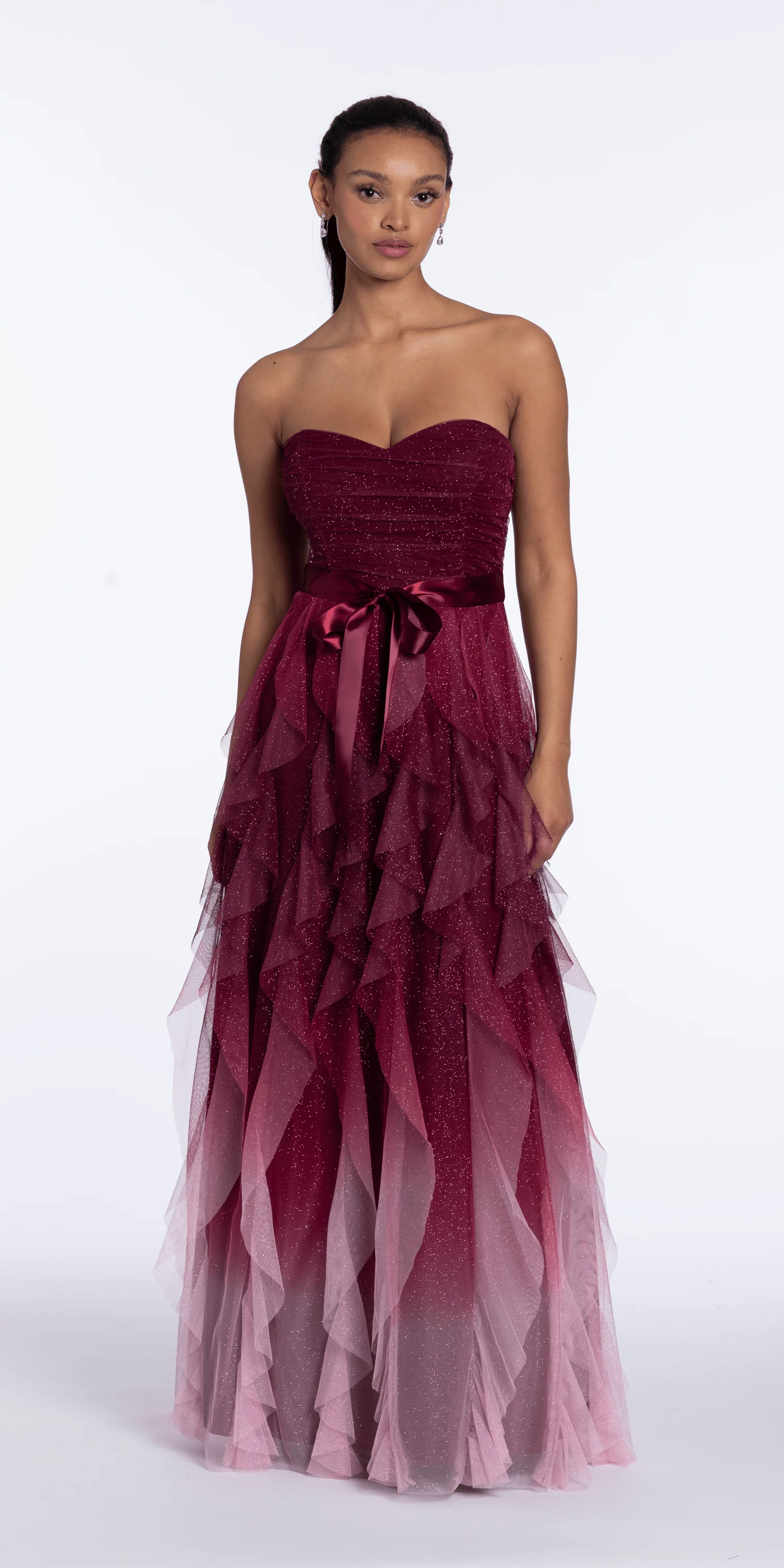 Strapless Glitter Mesh Ombre Tendril Dress with Satin Tie - Image 6