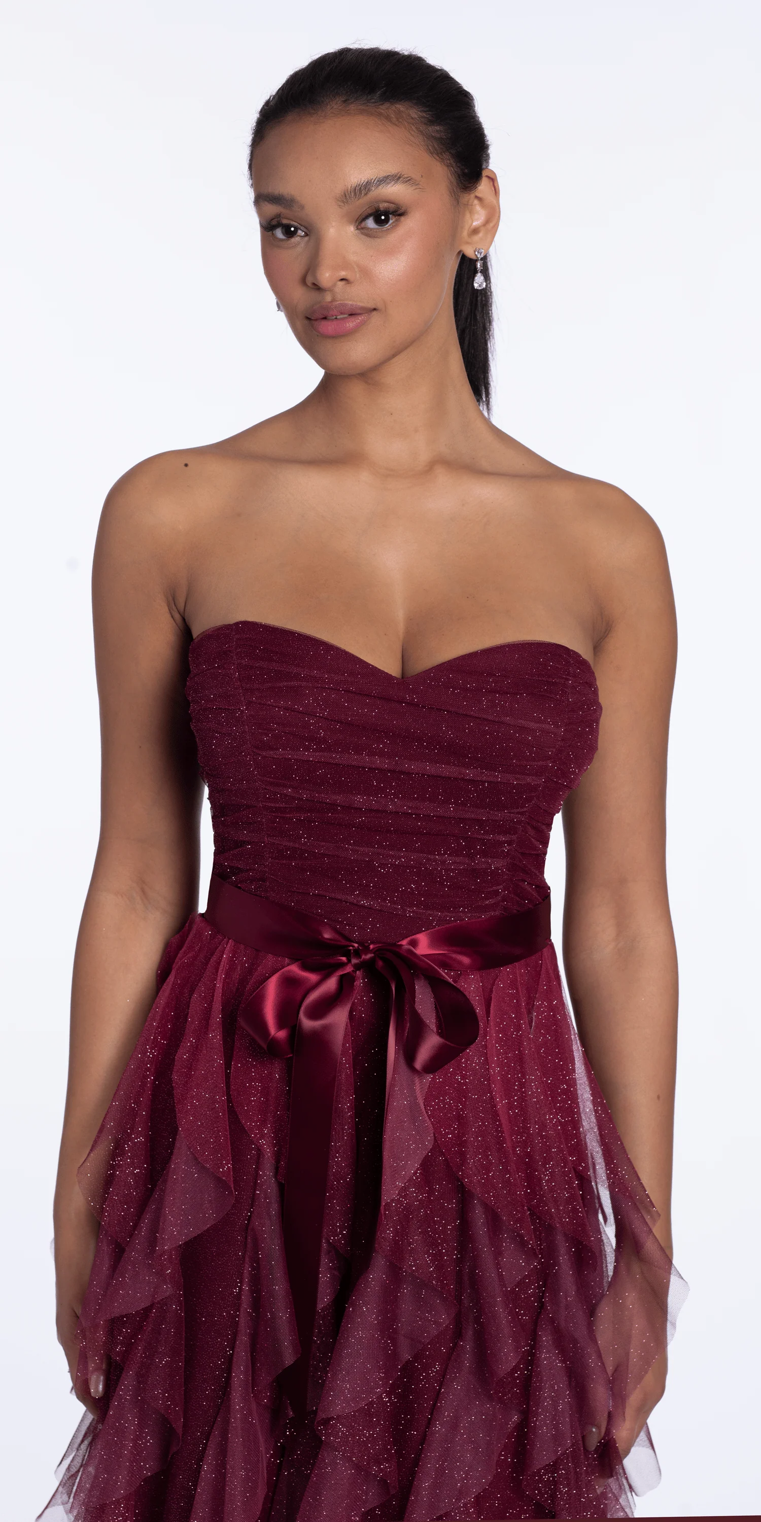 Strapless Glitter Mesh Ombre Tendril Dress with Satin Tie - Image 7