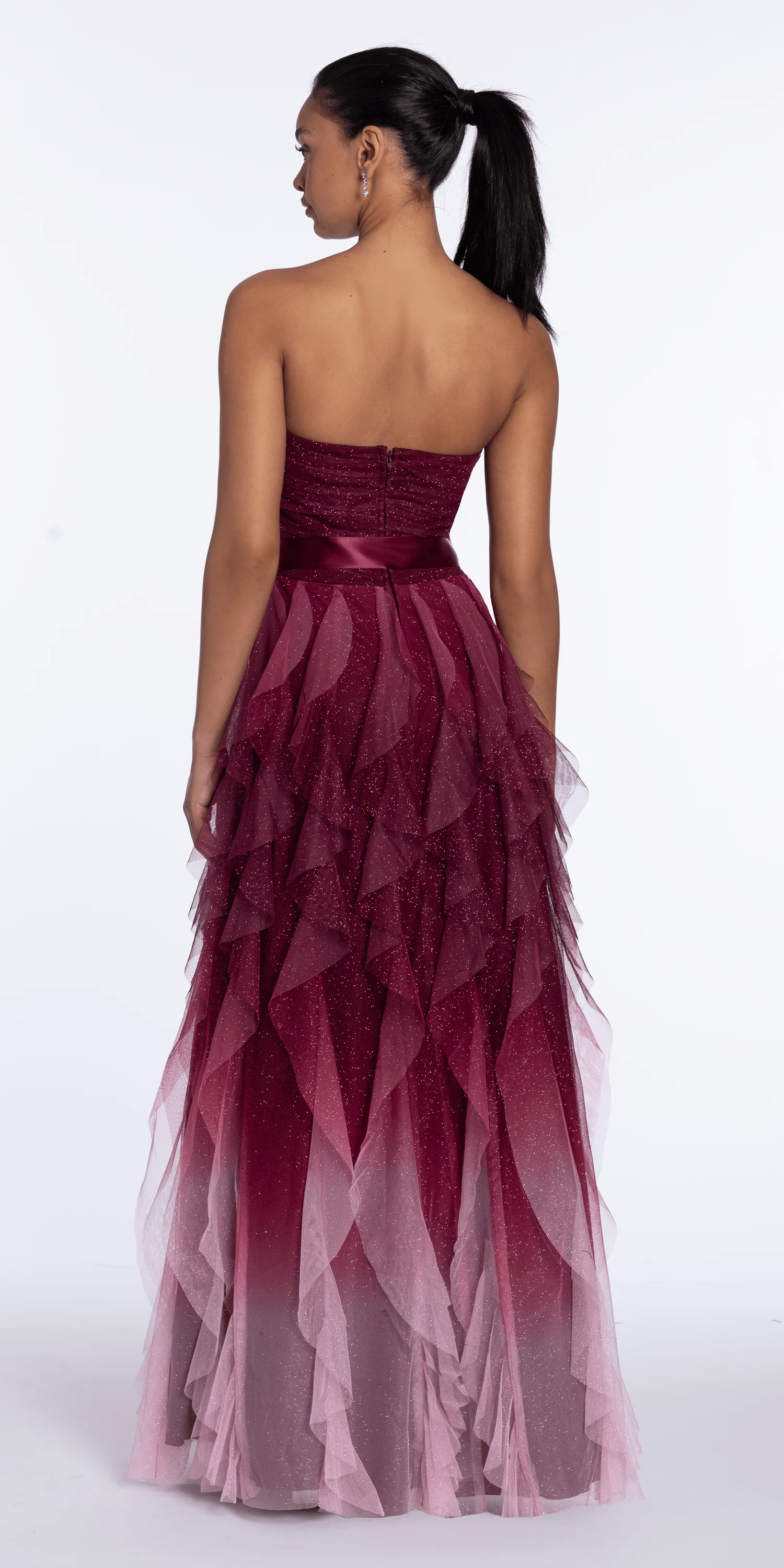 Strapless Glitter Mesh Ombre Tendril Dress with Satin Tie - Image 8