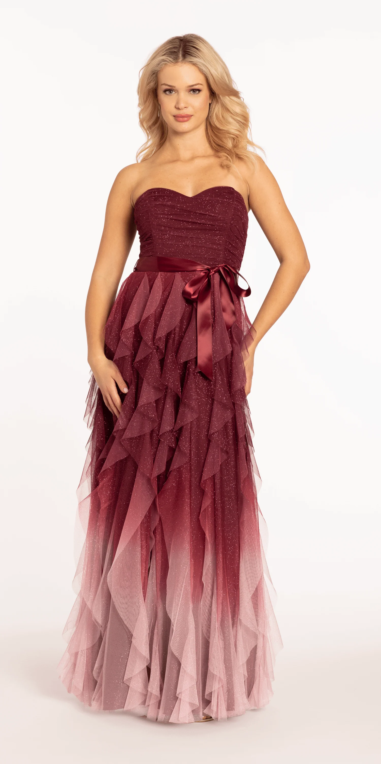 Strapless Glitter Mesh Ombre Tendril Dress with Satin Tie - Image 9