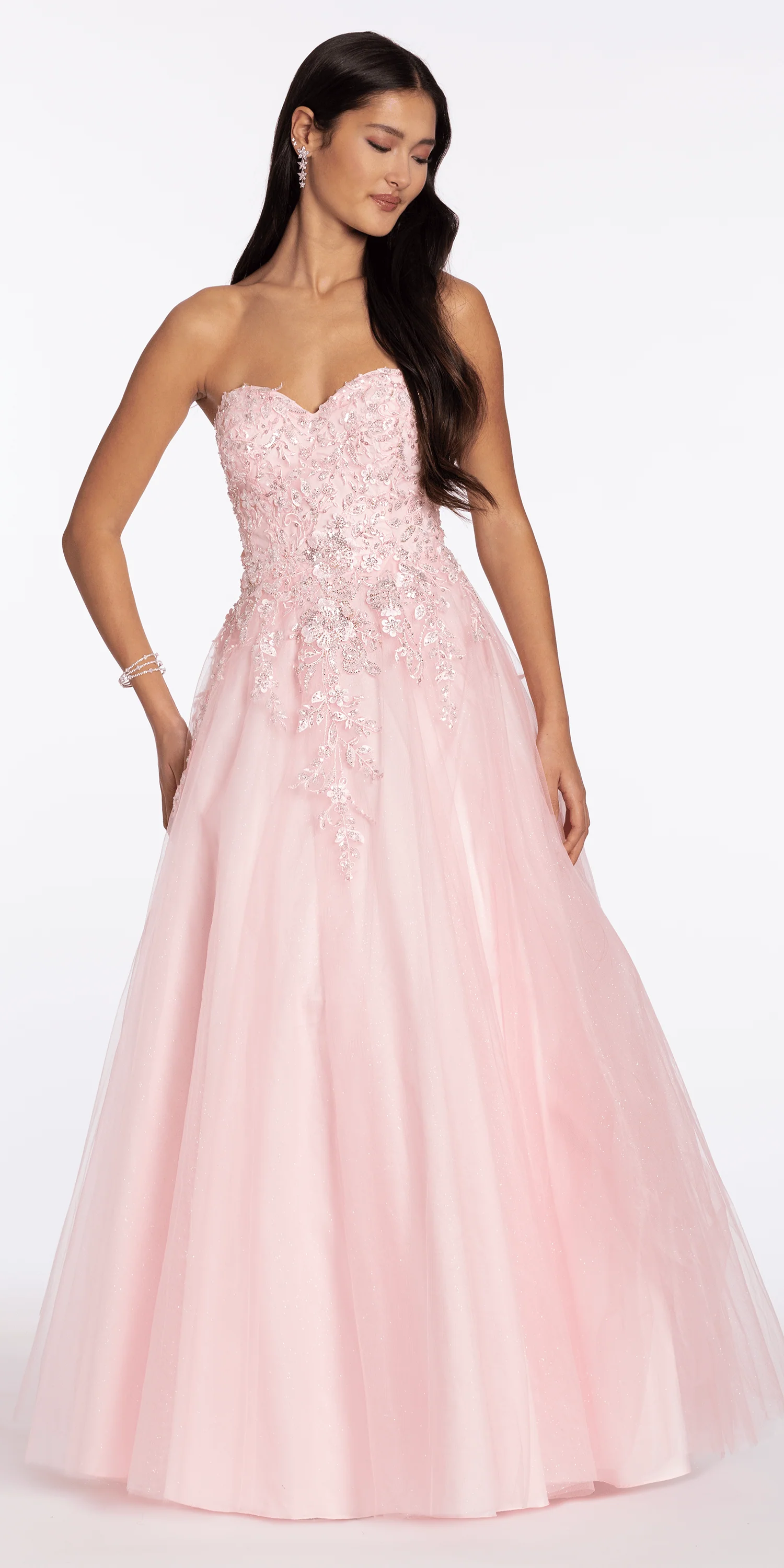 Strapless Glitter Tulle Ballgown with 3D Detail - Image 3