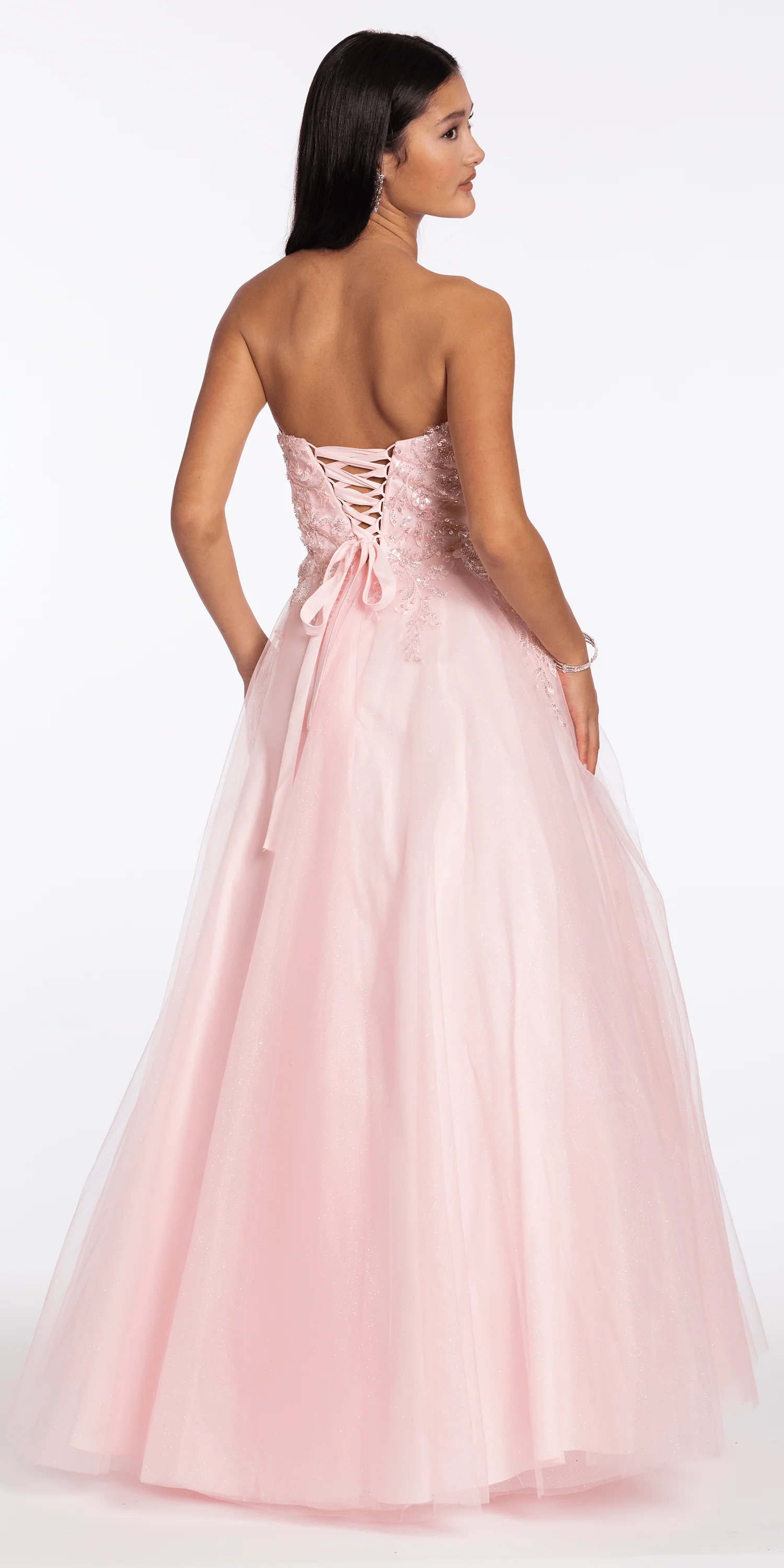 Strapless Glitter Tulle Ballgown with 3D Detail - Image 5