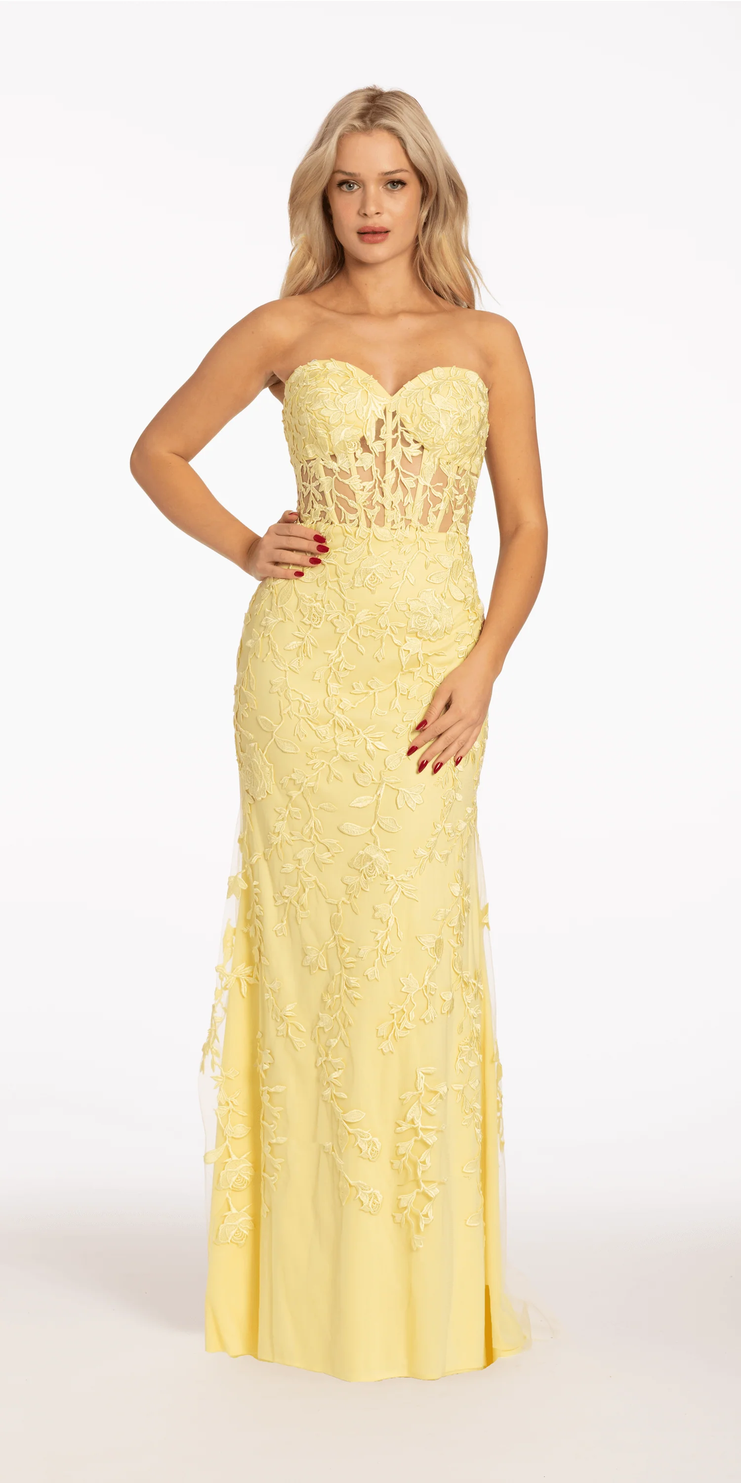 Strapless Mesh Embroidered Lace Up Back Column Dress - Image 6